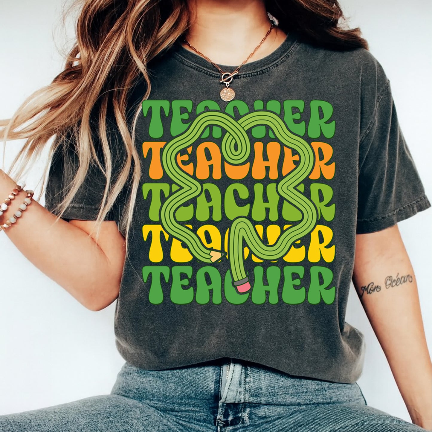 St Patricks Day Teacher DTF Transfer – Shamrock Pencil Teacher Stack Ready to Press Iron On Heat Transfer DIY Shirts 12512