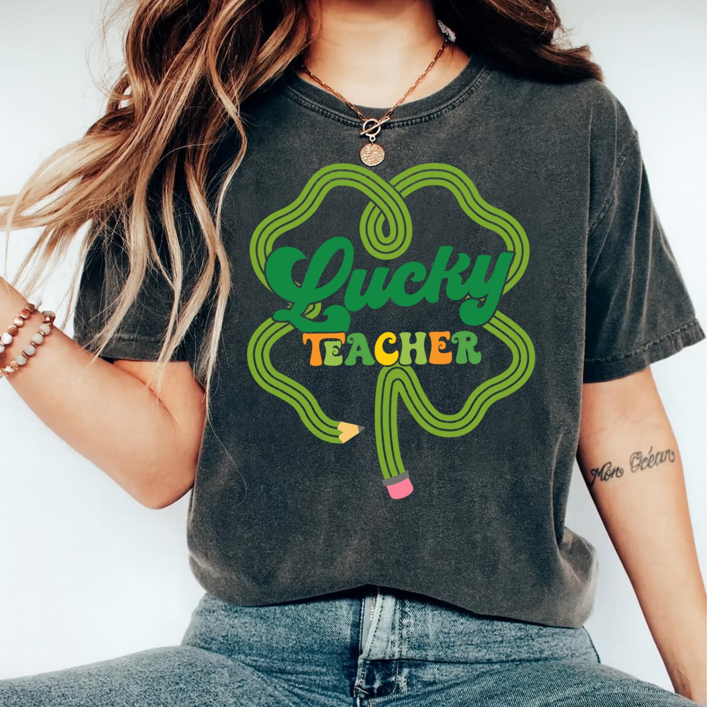 St Patricks Day Teacher DTF Transfer – Lucky Teacher Shamrock Pencil Ready to Press Iron On Heat Transfer DIY Shirts 12513