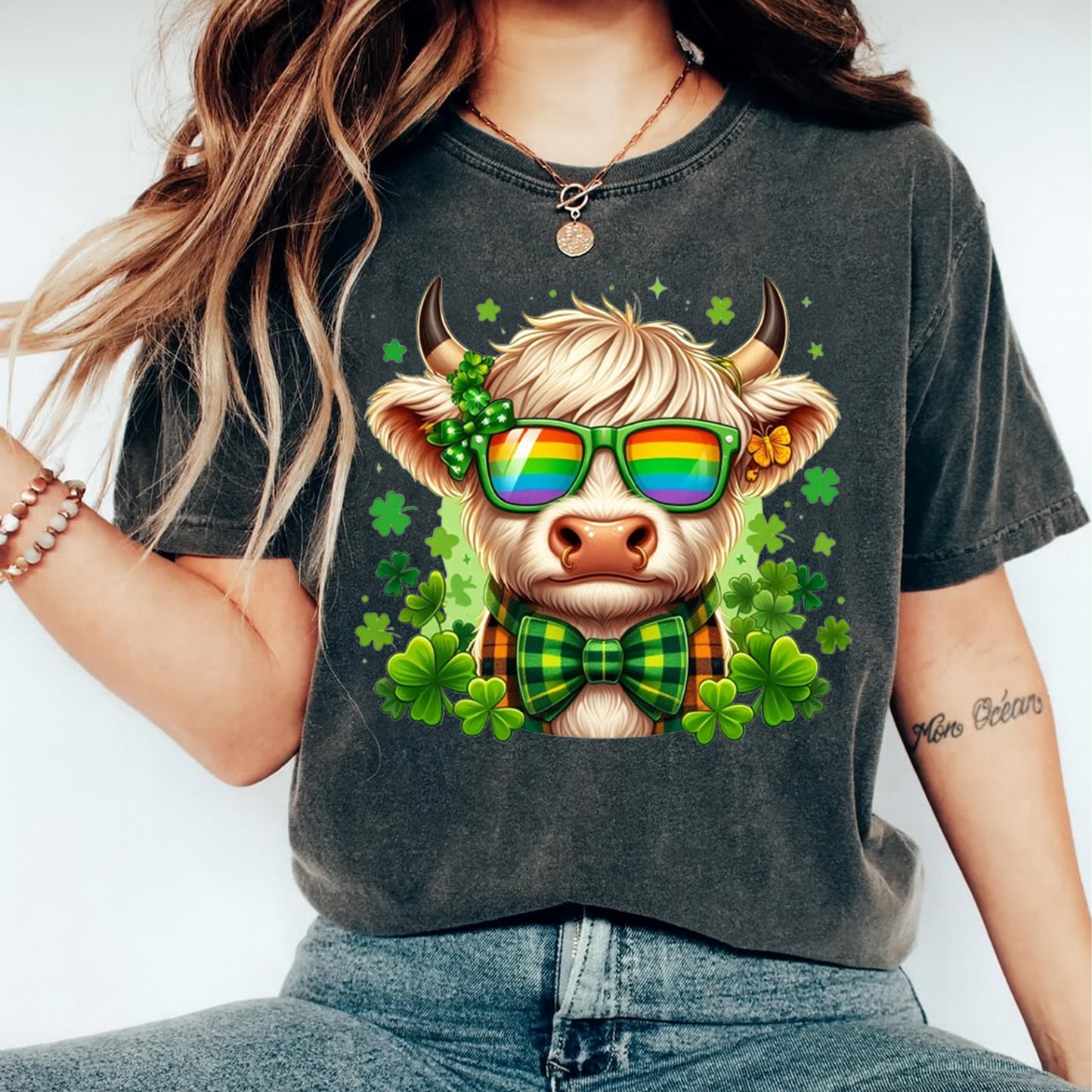 St Patricks Day Cow DTF Transfer – Shamrock Bow Tie Highland Cow Ready to Press Iron On Heat Transfer DIY Shirts 12515
