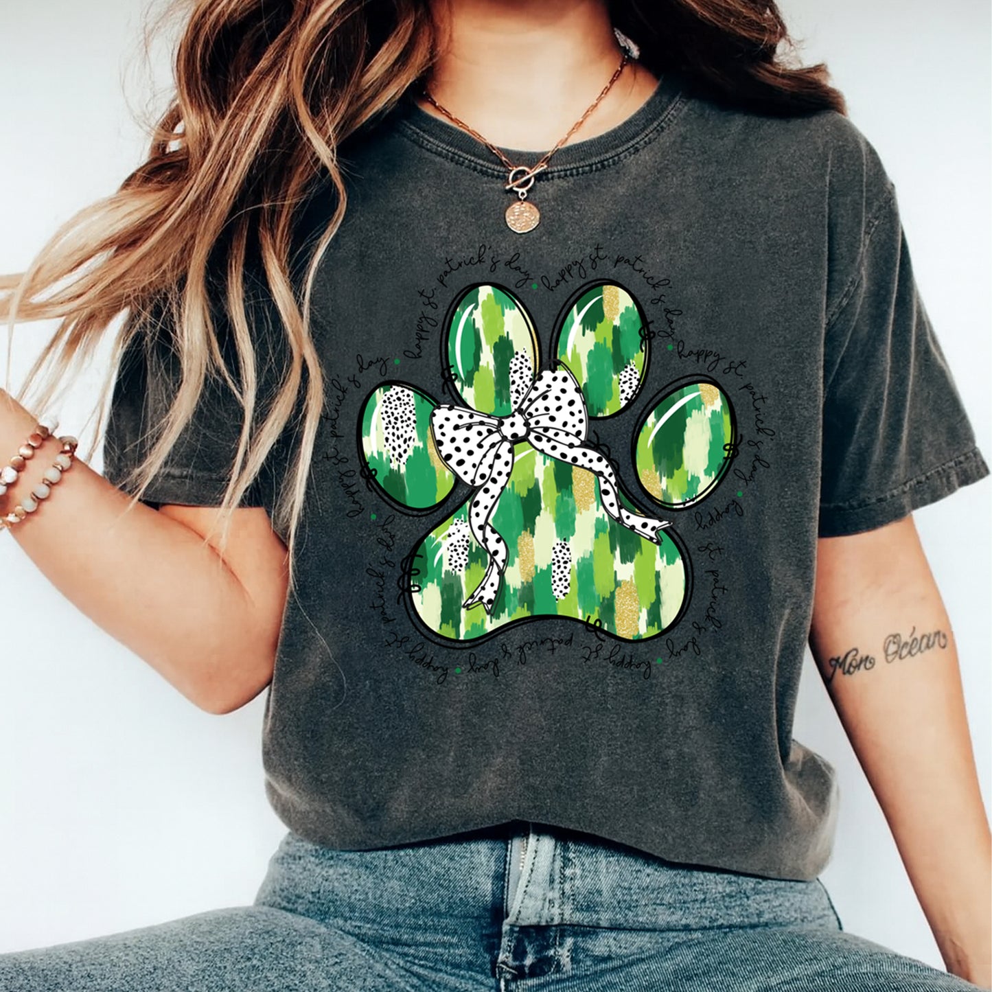 St Patricks Day Paw Bow DTF Transfer – Ready to Press Iron On Heat Transfer for DIY St Patricks Shirts 12523