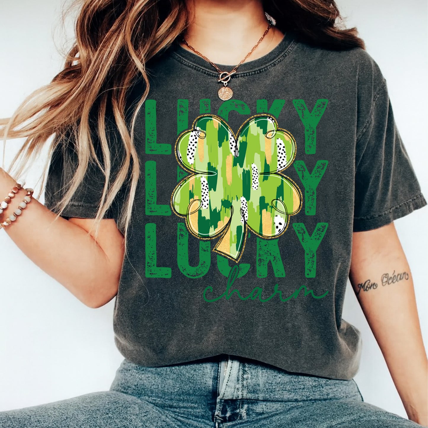 St Patricks Day DTF Transfer – Lucky Charm Shamrock Ready to Press Iron On Heat Transfer DIY St Patricks Shirts 12525