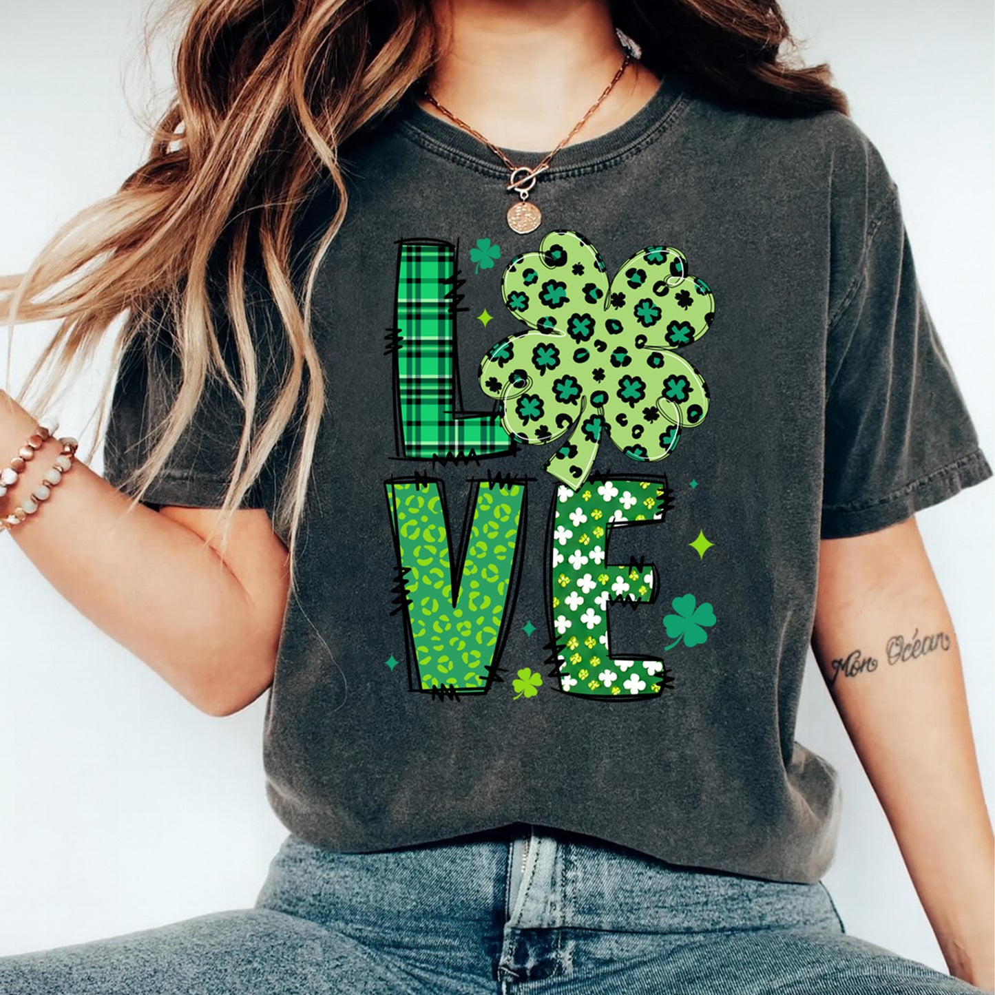 St Patrick’s Day Shamrock Love DTF Transfer – Ready to Press Iron On Heat Transfer for DIY St Patrick’s Day Shirts 12531