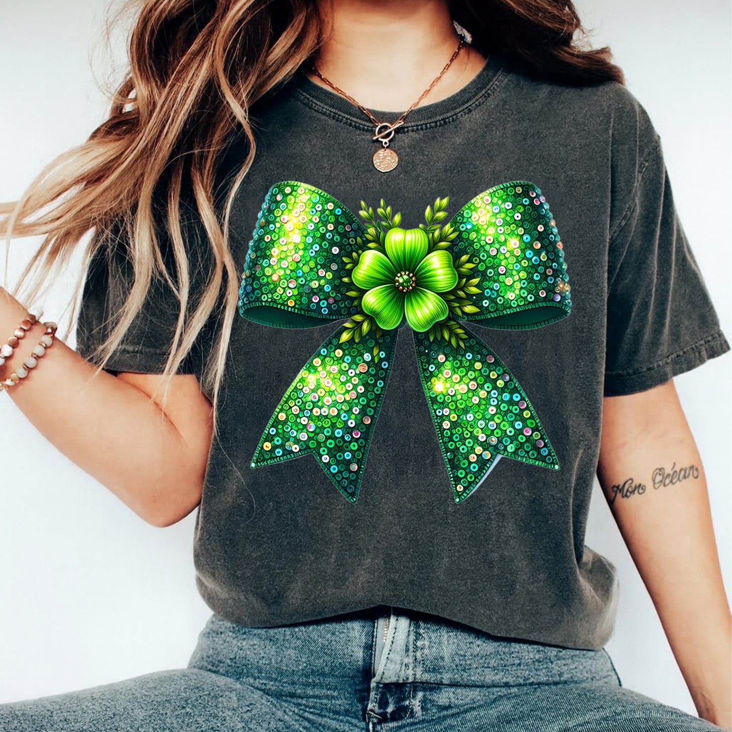 St Patrick’s Day Sequin Bow DTF Transfer – Ready to Press Iron On Heat Transfer for DIY St Patrick’s Day Shirts 12535