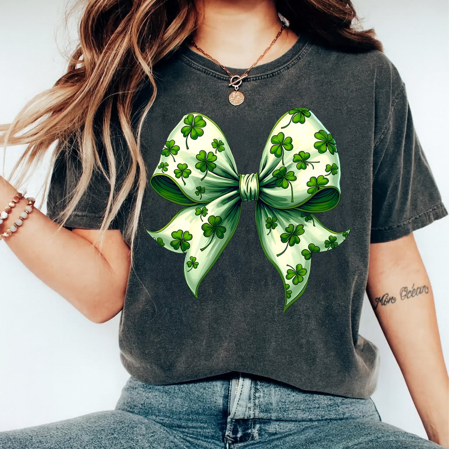 St Patrick’s Day Shamrock Bow DTF Transfer – Ready to Press Iron On Heat Transfer for DIY St Patrick’s Day Teacher Shirts 12547