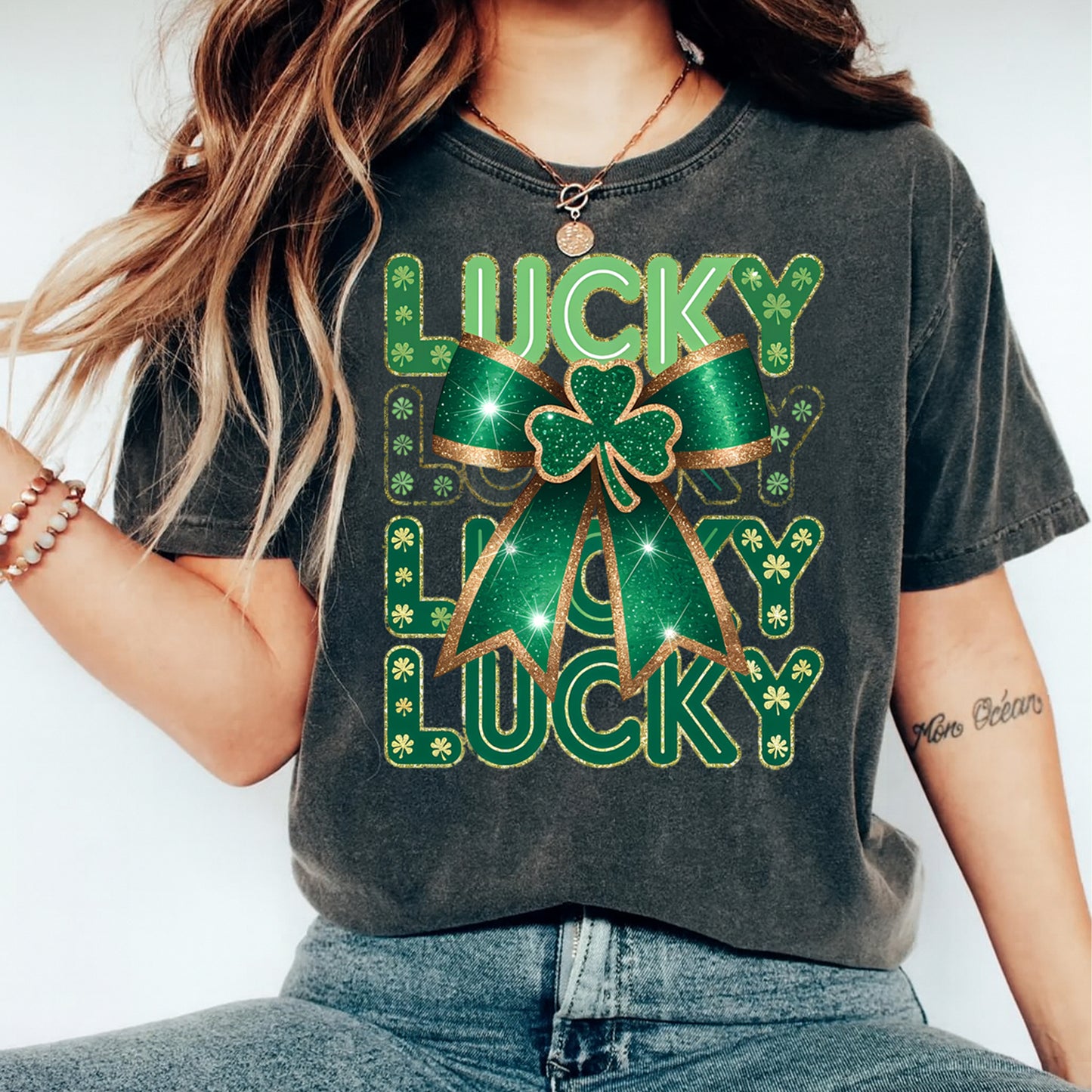 St Patricks Bow Shamrock DTF Transfer – Lucky Lucky Lucky Ready to Press Iron On Heat Transfer DIY St Patricks Shirts 12555