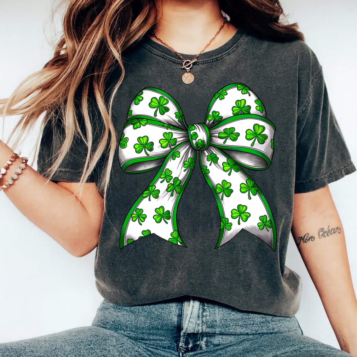 St Patrick Shamrock Bow DTF Transfer – Single Bow Graphic Ready to Press Iron On Heat Transfer for DIY St Patrick Shirts 12562