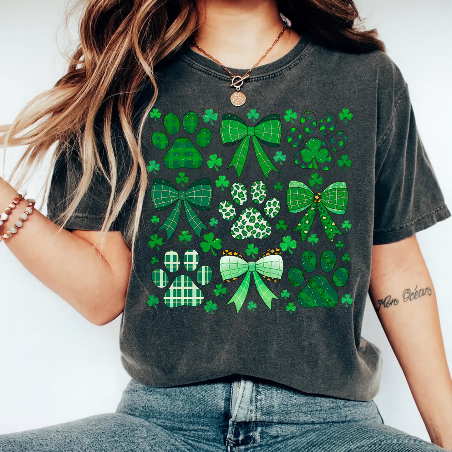 St Patricks Day DTF Transfer – Paw Prints and Bows Ready to Press Iron On Heat Transfer for DIY St Patricks Day Shirts 12563