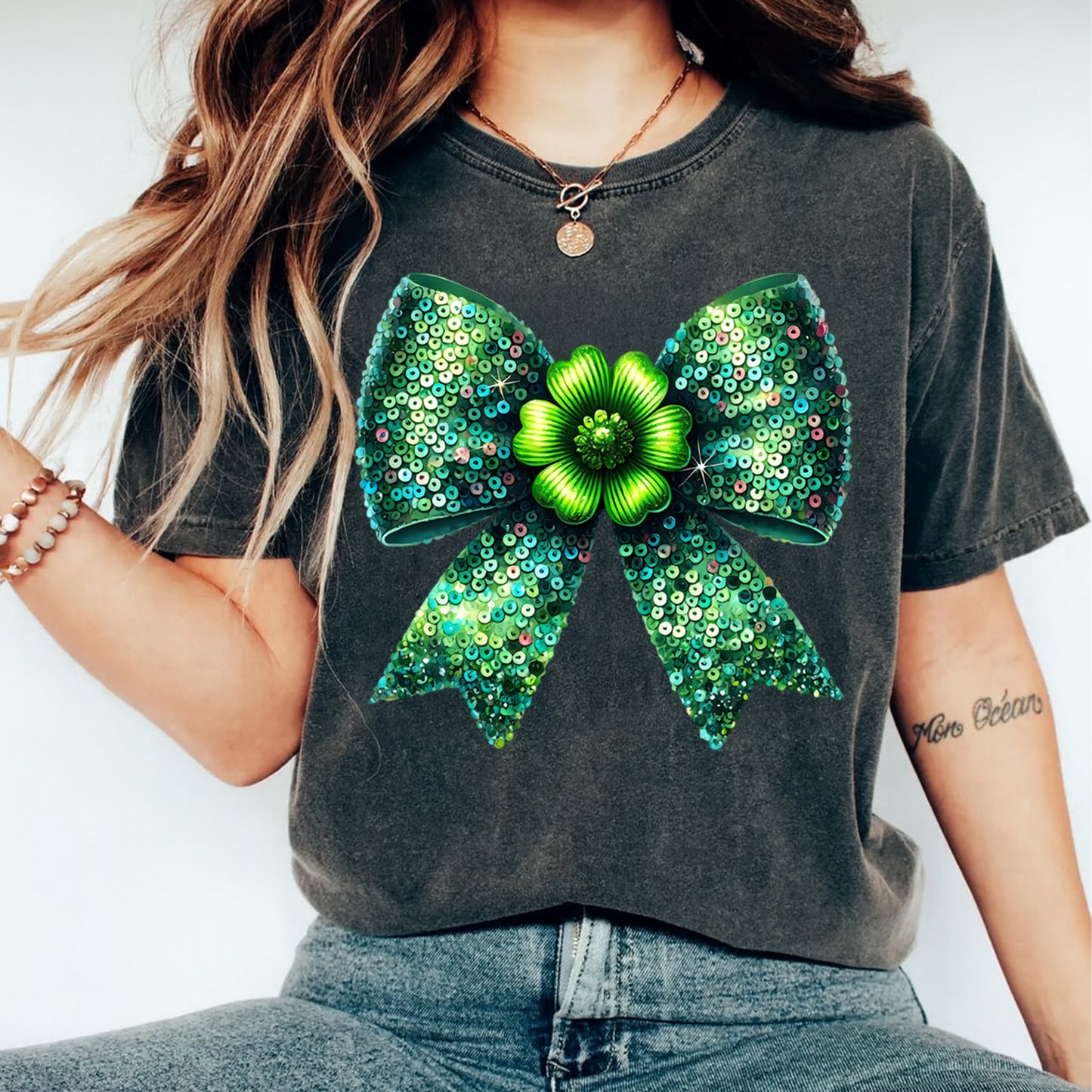 St Patricks Day DTF Transfer – Sequin Bow Shamrock Center Ready to Press Iron On Heat Transfer for DIY St Patricks Day Shirts 12567