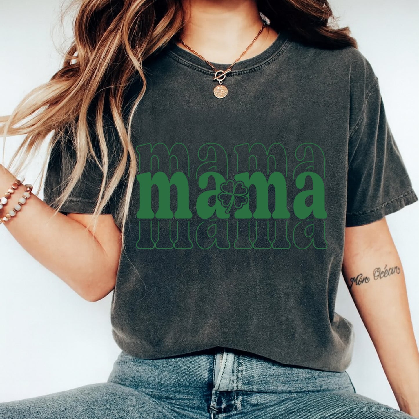 St Patricks Day DTF Transfer – Mama Shamrock Typography Ready to Press Iron On Heat Transfer for DIY St Patricks Day Shirts 12576