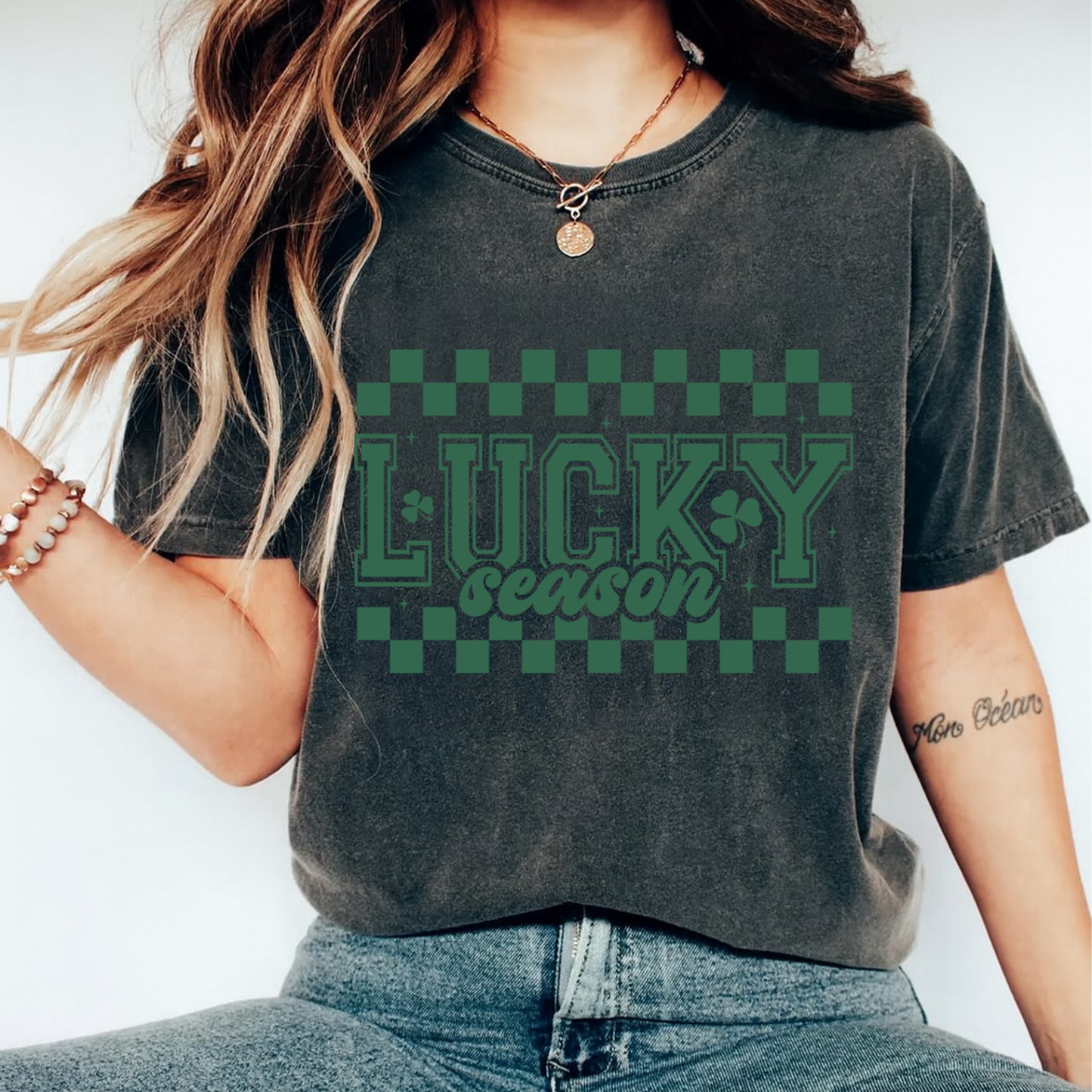 St Patricks Day DTF Transfer – Lucky Season Checkerboard Shamrock Ready to Press Iron On Heat Transfer DIY St Patricks Day Shirts 12582