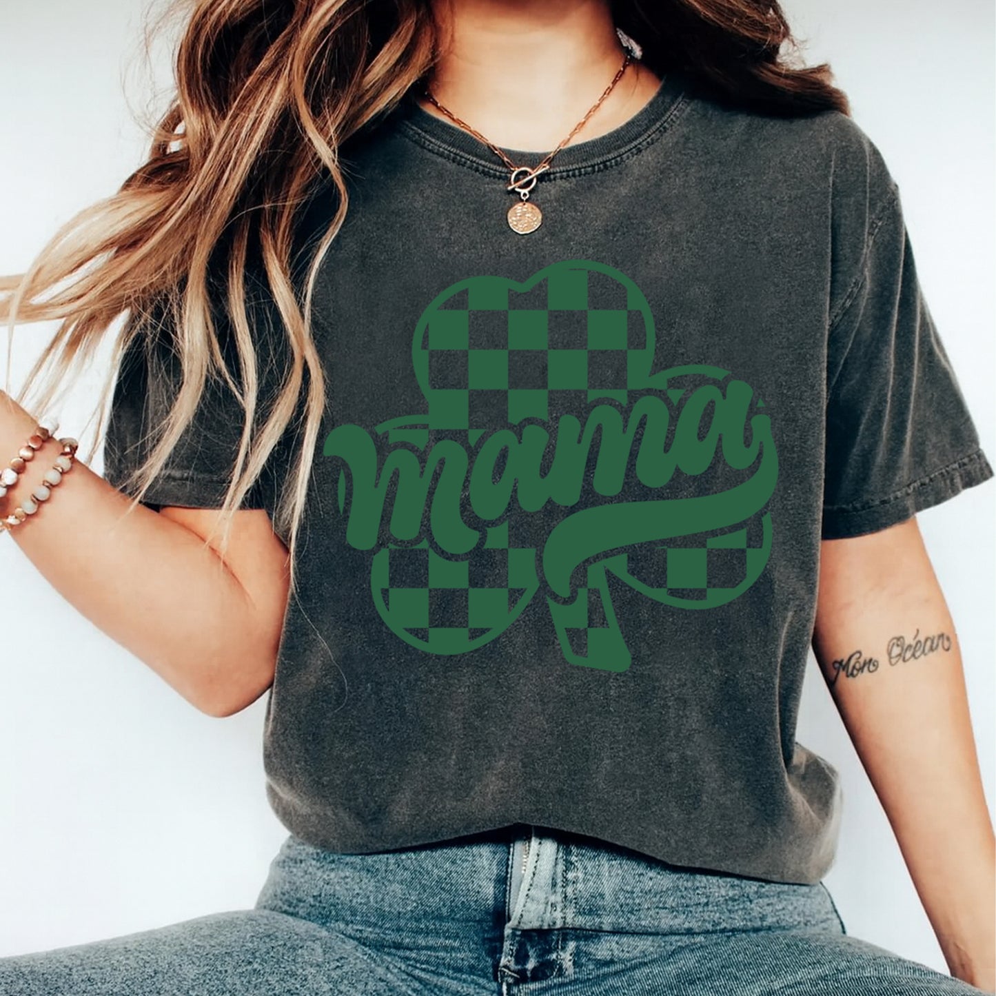 St Patricks Day DTF Transfer – Mama Shamrock Checkerboard Ready to Press Iron On Heat Transfer DIY St Patricks Day Shirts 12584