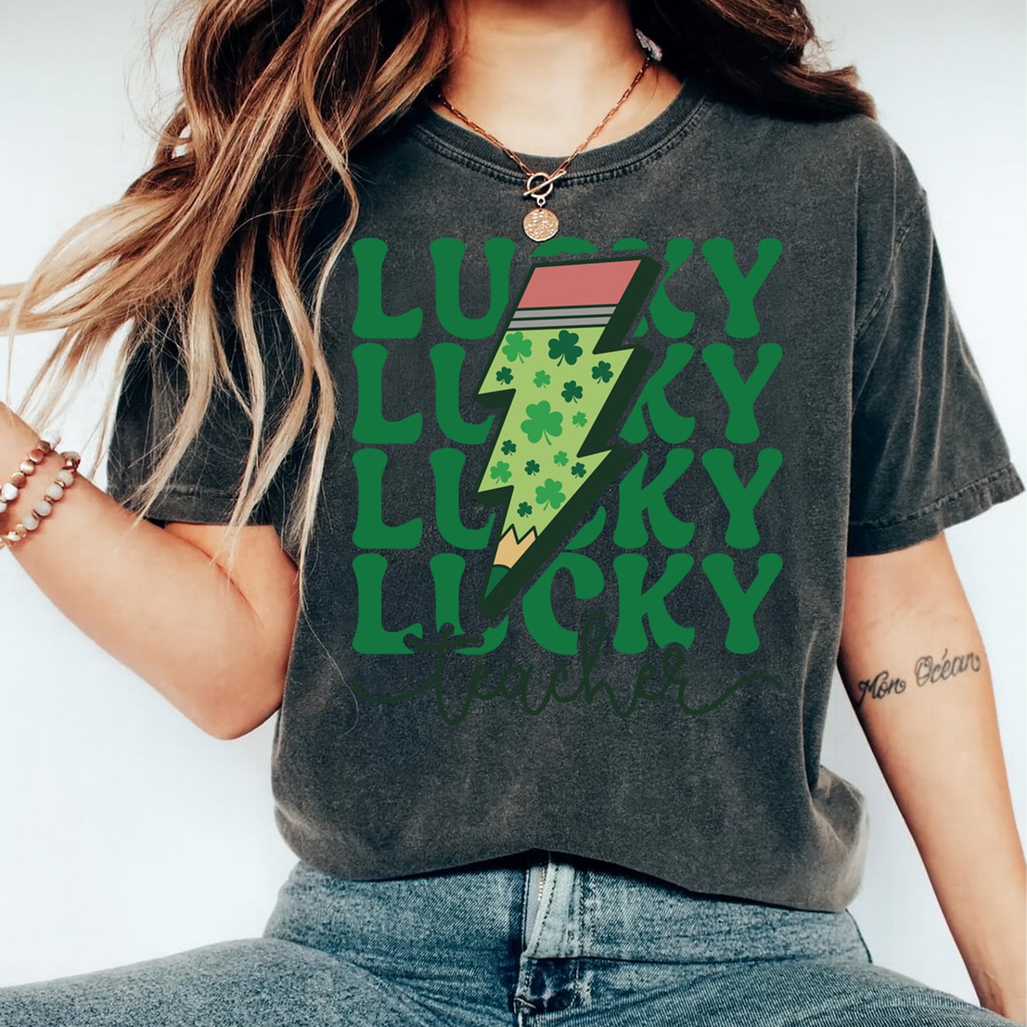 St Patricks Day DTF Transfer – Lucky Teacher Pencil Shamrock Ready to Press Iron on Heat Transfer DIY St Patricks Day Shirts 12587