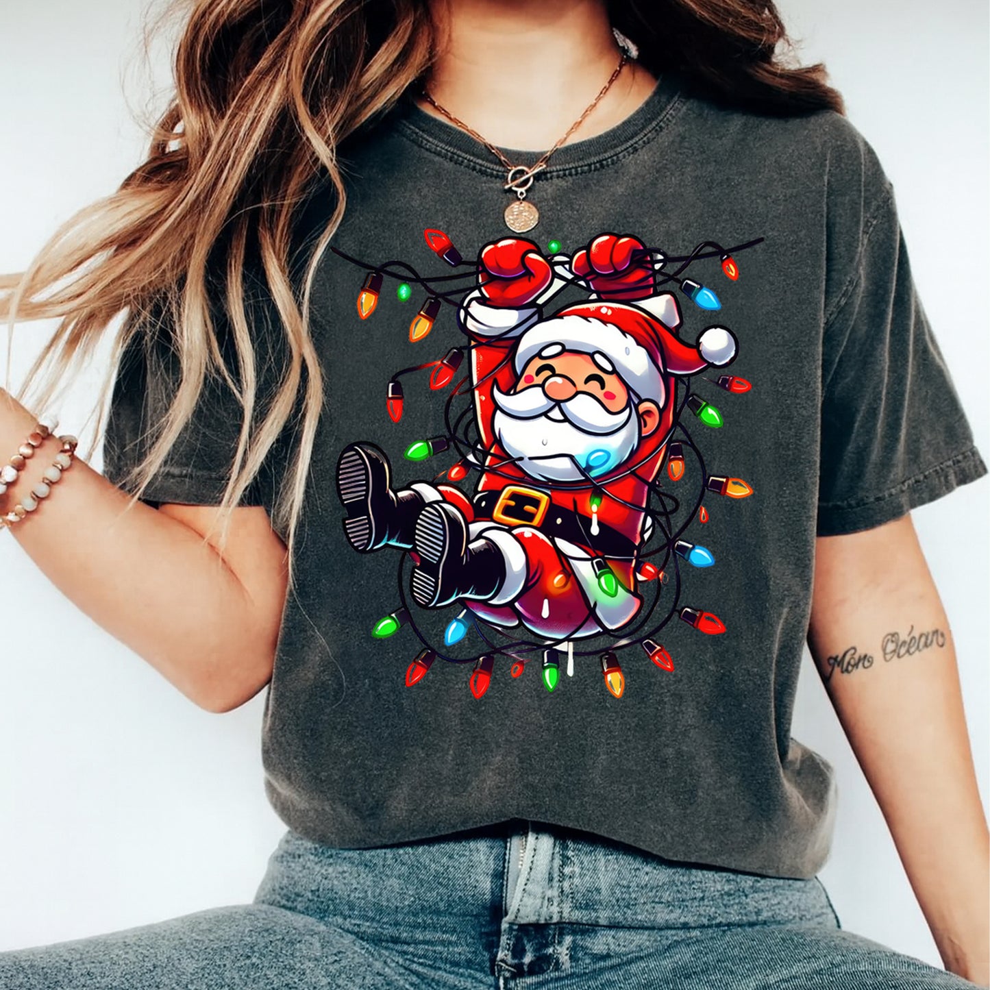 Christmas DTF Transfer – Funny Santa Tangled Lights Ready to Press Iron on Heat Transfer DIY Christmas Shirts 12591