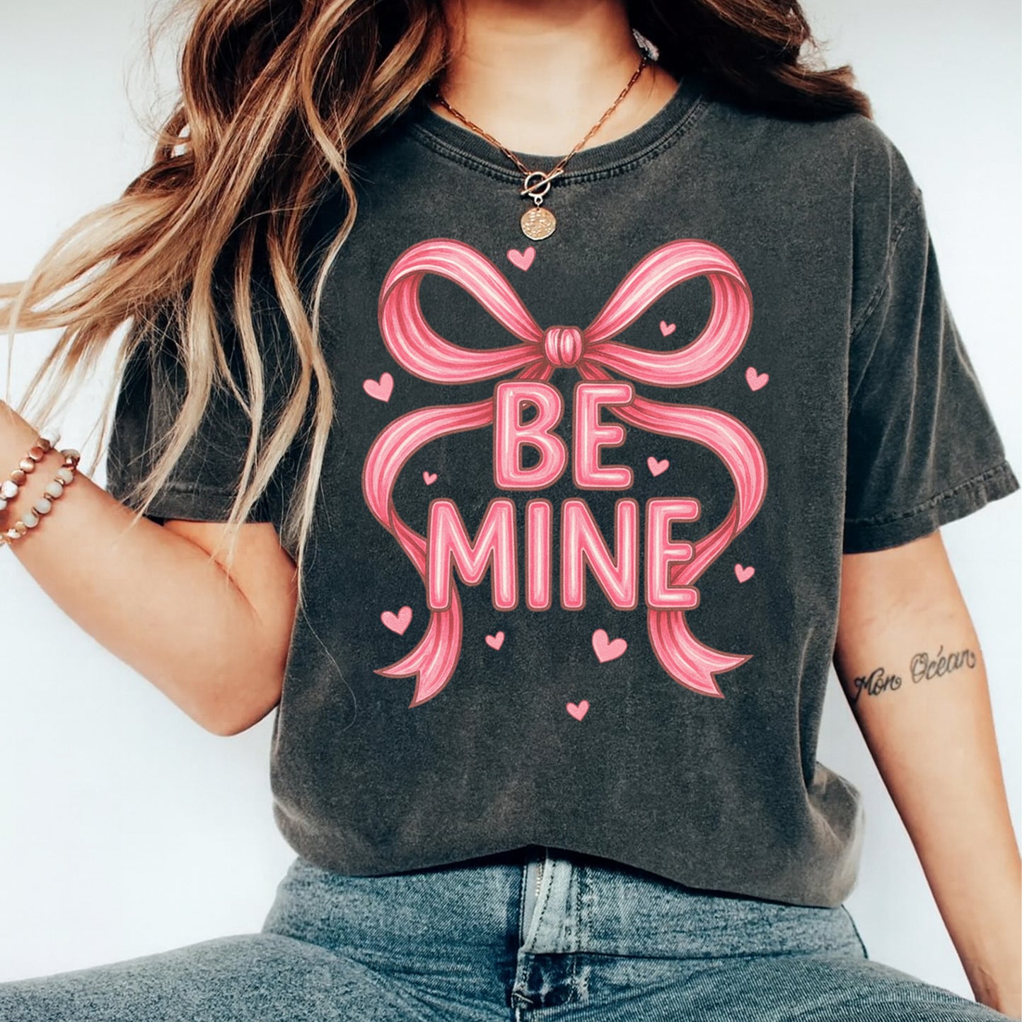 Valentine DTF Transfer – Be Mine Bow Heart Ready to Press Iron On Heat Transfer DIY Valentine Shirts 12612