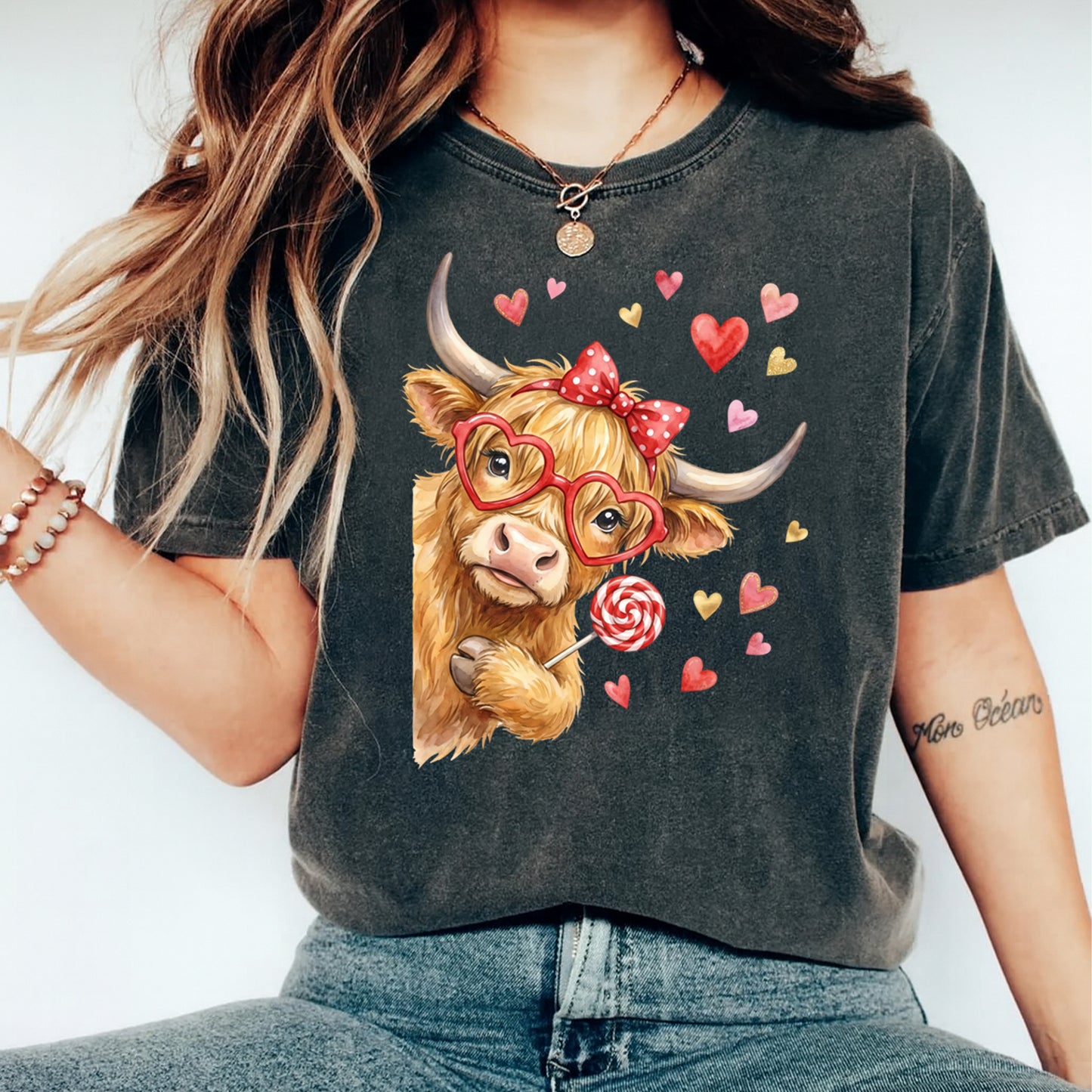 Valentines Cow Bow DTF Transfer – Highland Cow Hearts Ready to Press Iron On Heat Transfer for DIY Valentines Shirts 12617