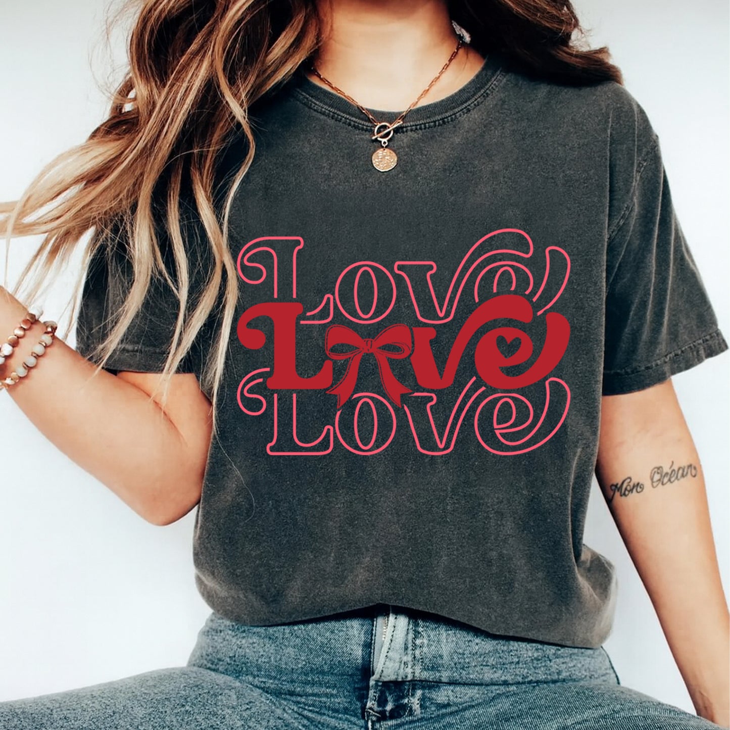 Valentines Love Bow DTF Transfer – Layered Love Typography Ready to Press Iron On Heat Transfer for DIY Valentines Shirts 12621