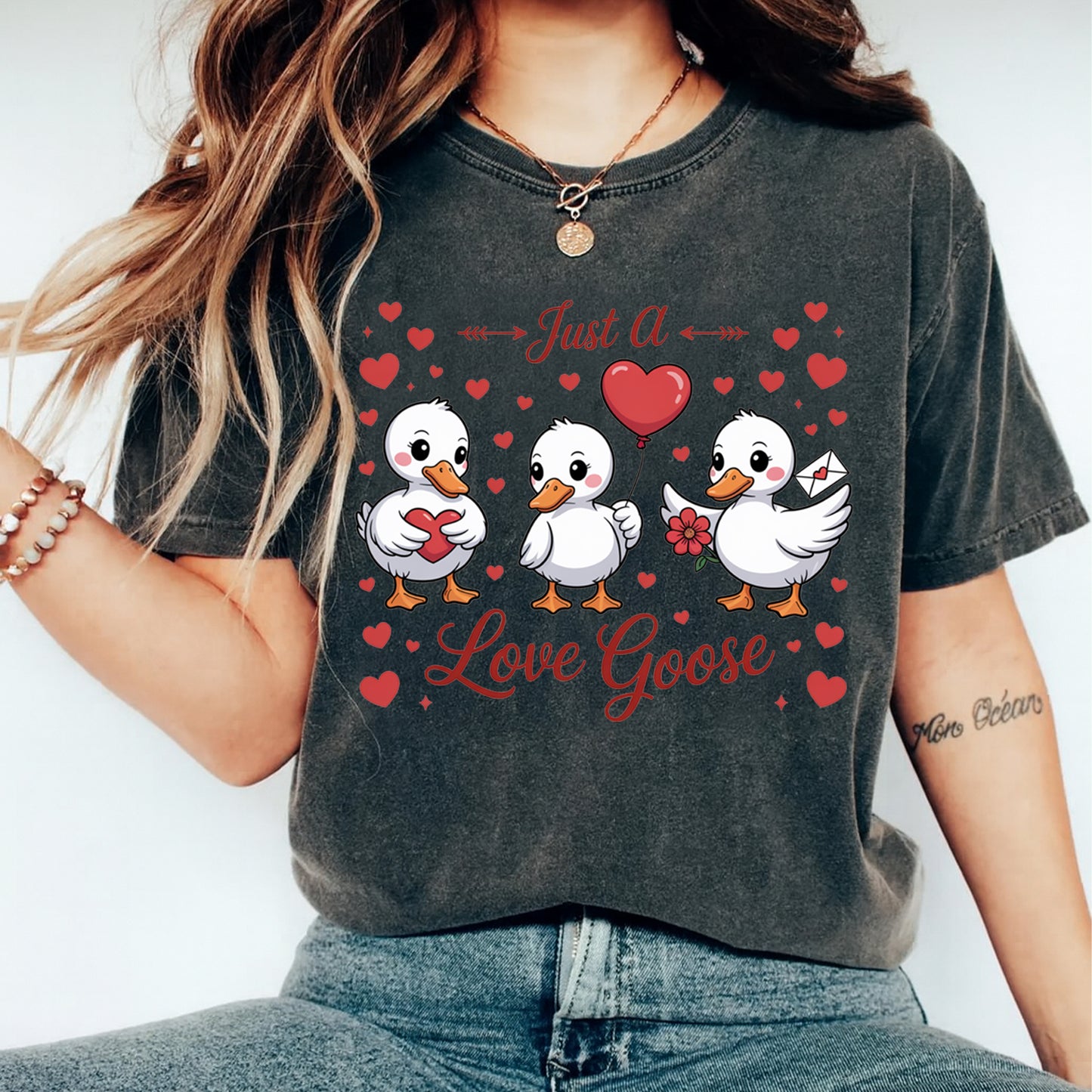 Valentines Love Goose DTF Transfer – Just A Love Goose Ready to Press Iron On Heat Transfer for DIY Valentines Shirts 12624