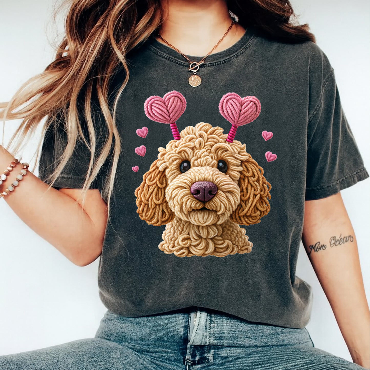 Valentines DTF Transfer – Yarn Heart Puppy Ready to Press Iron on Heat Transfer DIY Valentines Shirts 12641