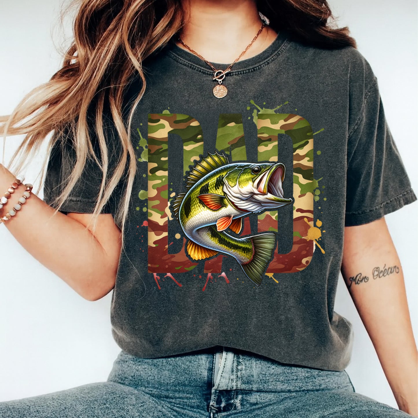 Fishing Dad Camo Bass DTF Transfer – Ready to Press Iron On Heat Transfer for DIY Fishing Shirts 12642