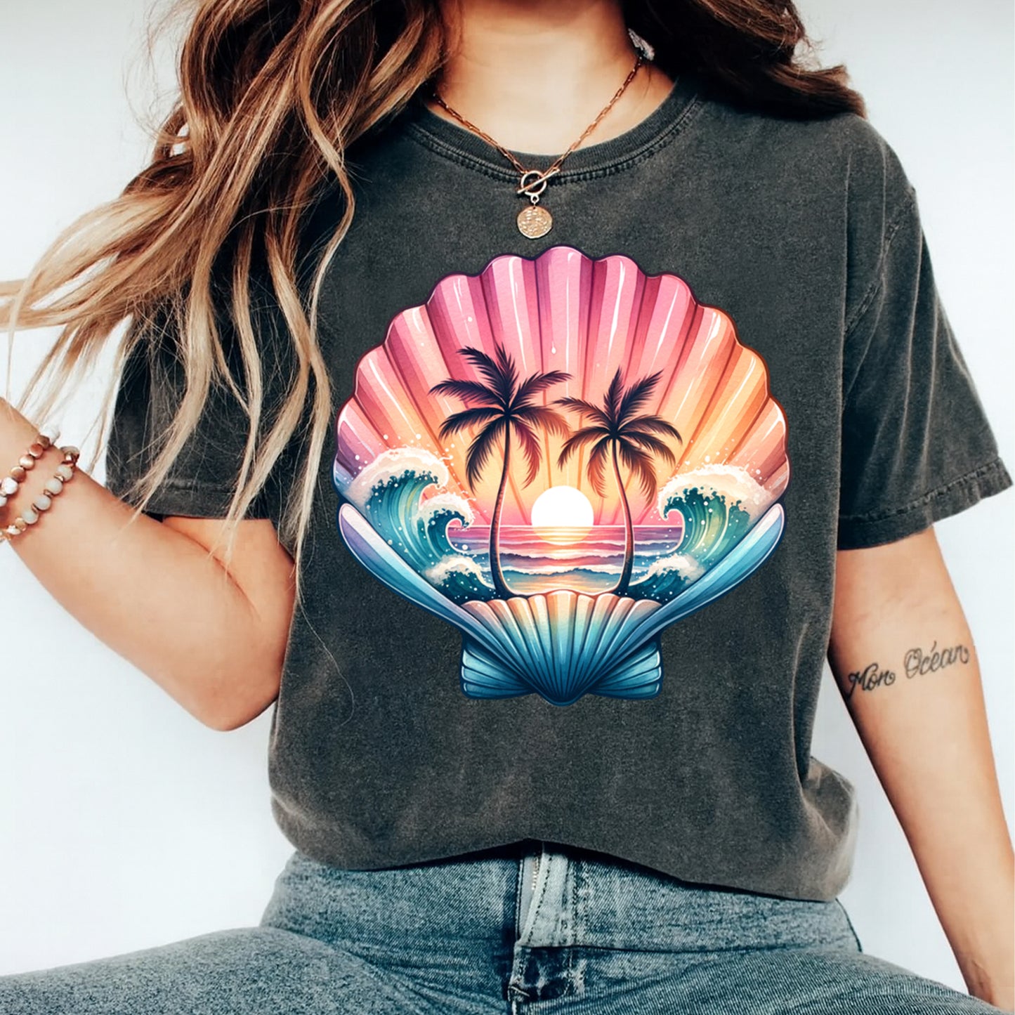 Beach DTF Transfer – Tropical Shell Sunset Ready to Press Iron on Heat Transfer DIY Beach Shirts 12643