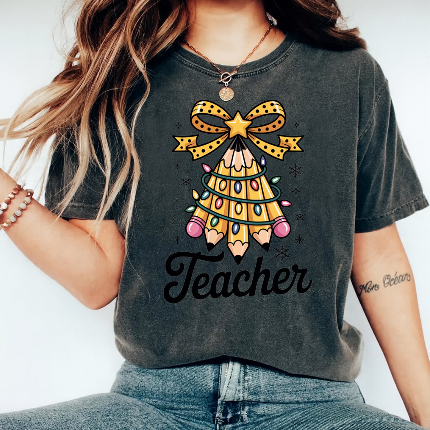 Christmas Teacher DTF Transfer – Pencil Tree Classroom Ready to Press Iron on Heat Transfer DIY Christmas Shirts 12645