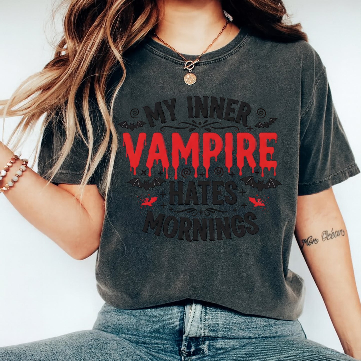 Halloween DTF Transfer – My Inner Vampire Hates Mornings Ready to Press Iron on Heat Transfer DIY Halloween Shirts 12652