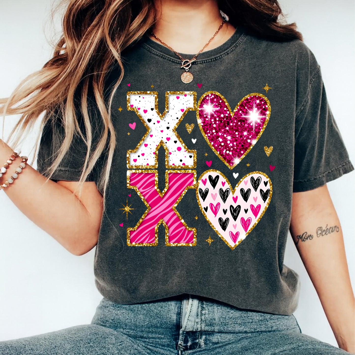 Valentines Day DTF Transfer – Glitter XO Hearts Pattern Ready to Press Iron On Heat Transfer DIY Valentines Shirts 12655