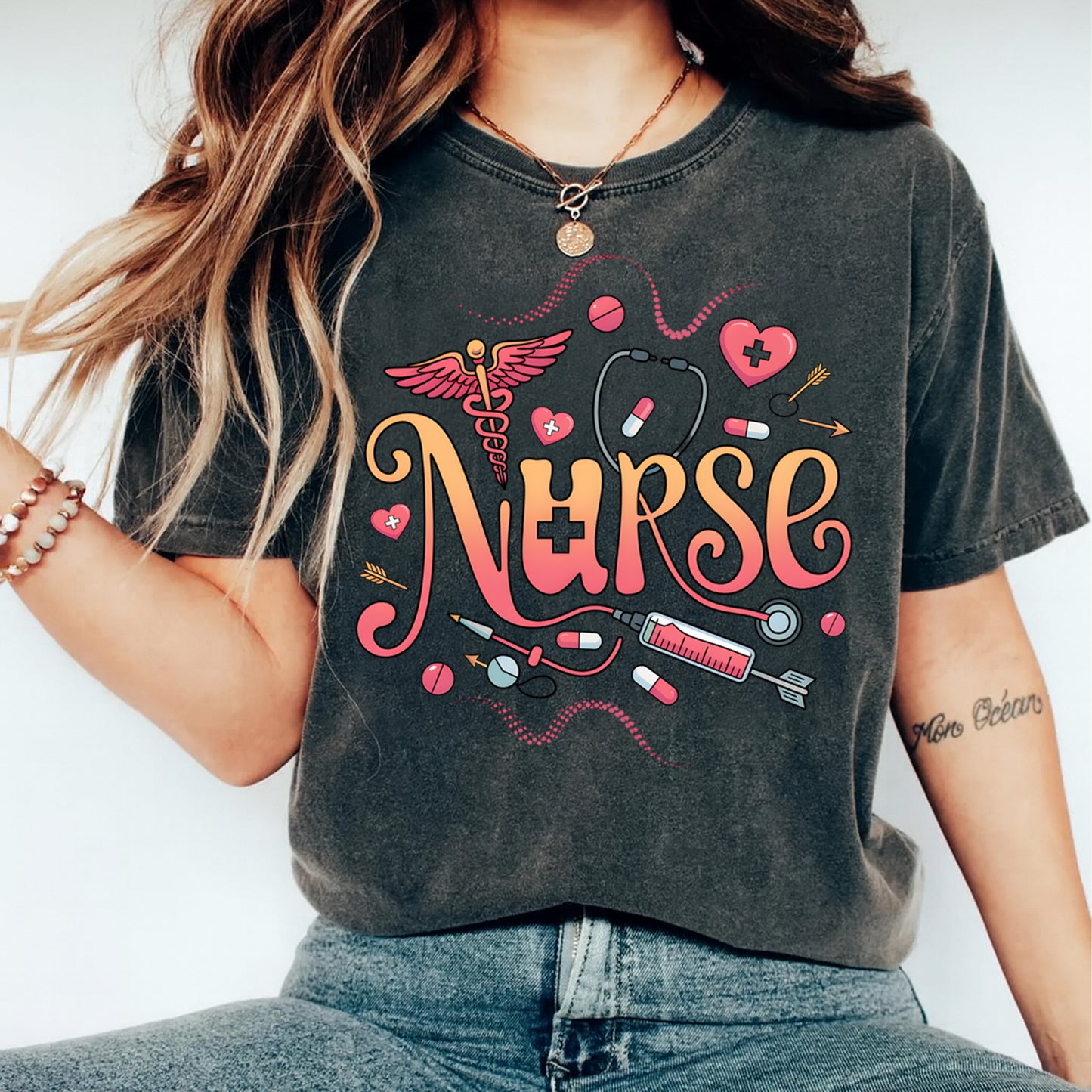 Nurse DTF Transfer – Medical Nurse Icons Typography Ready to Press Iron On Heat Transfer DIY Nurse Shirts 12658