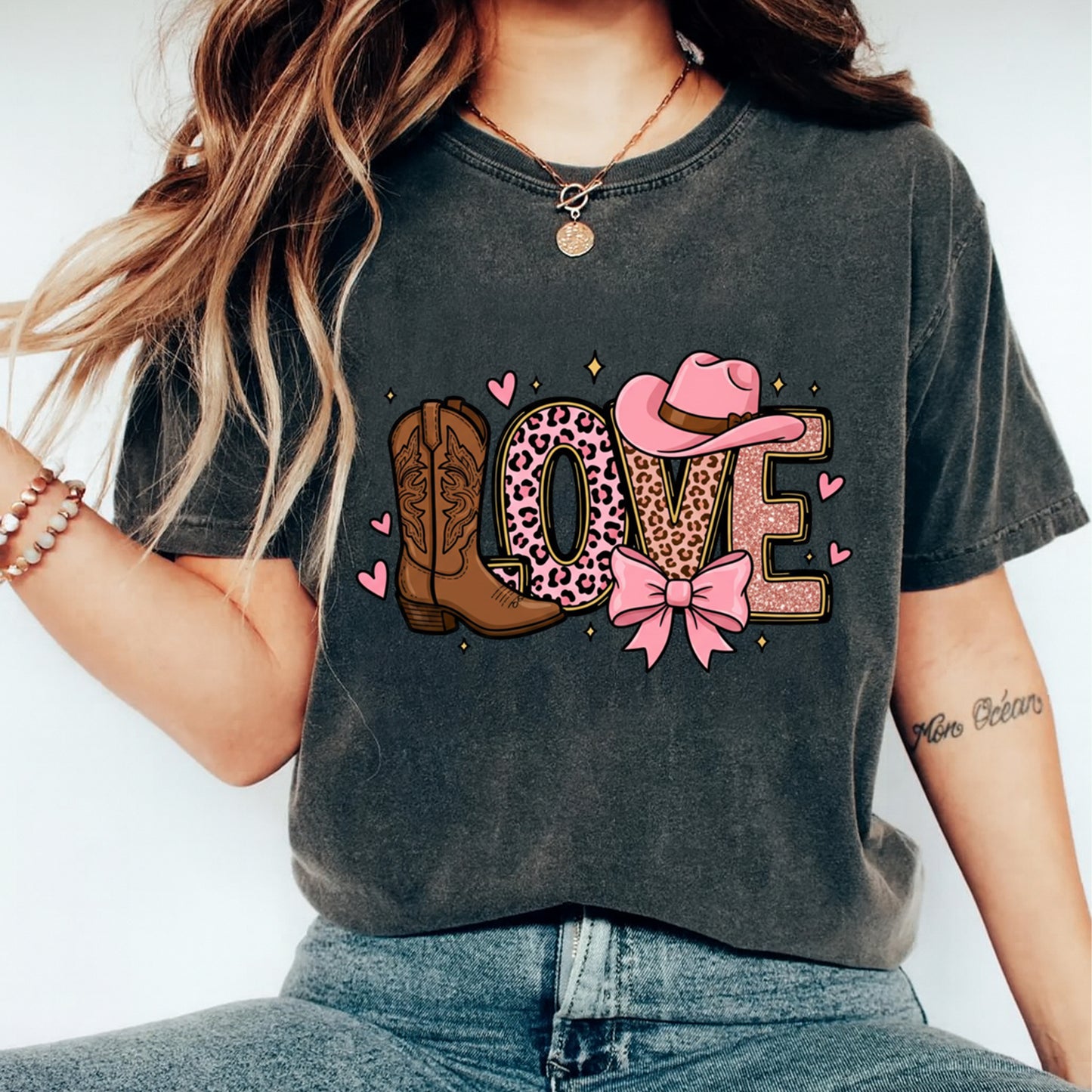 Valentines Day DTF Transfer – Western Love Boots Bow Hat Ready to Press Iron On Heat Transfer DIY Valentines Shirts 12659