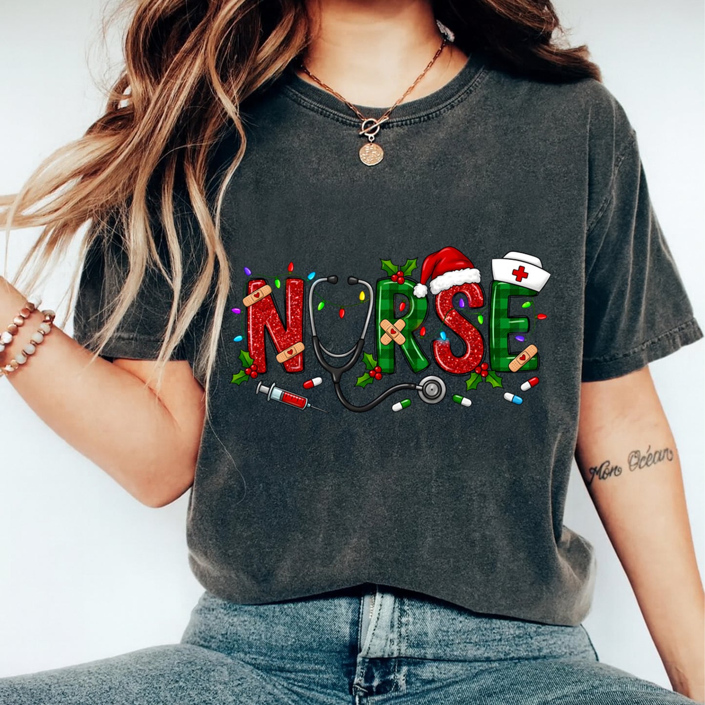Christmas Nurse DTF Transfer – Festive Nurse Lettering Ready to Press Iron On Heat Transfer DIY Christmas Shirts 12660
