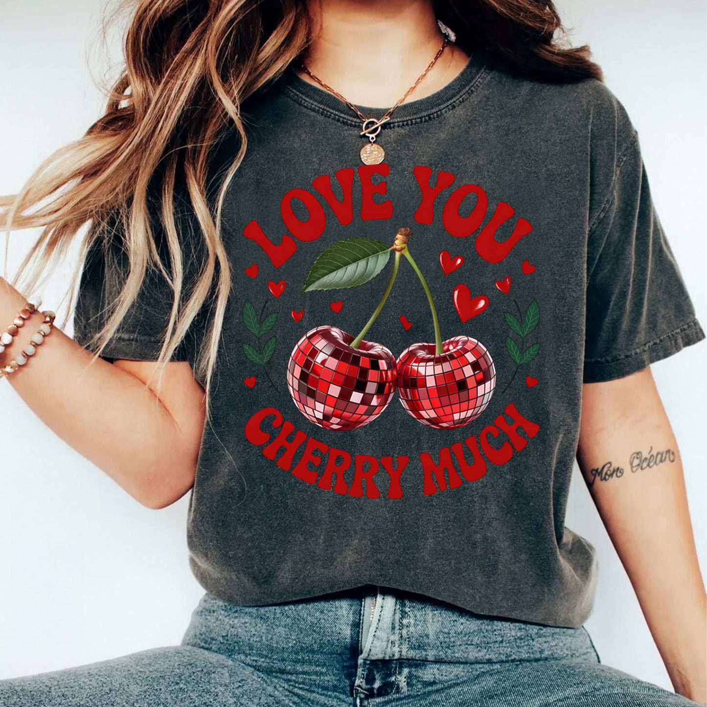 Valentines Day DTF Transfer – Love You Cherry Much Disco Cherries Ready to Press Iron On Heat Transfer DIY Valentines Shirts 12664
