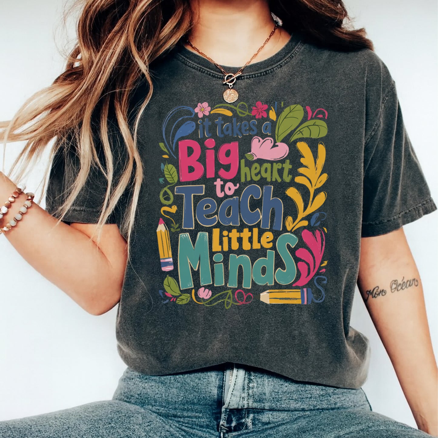 Teacher DTF Transfer – Big Heart Teach Little Minds Ready to Press Iron On Heat Transfer DIY Teacher Shirts 12665
