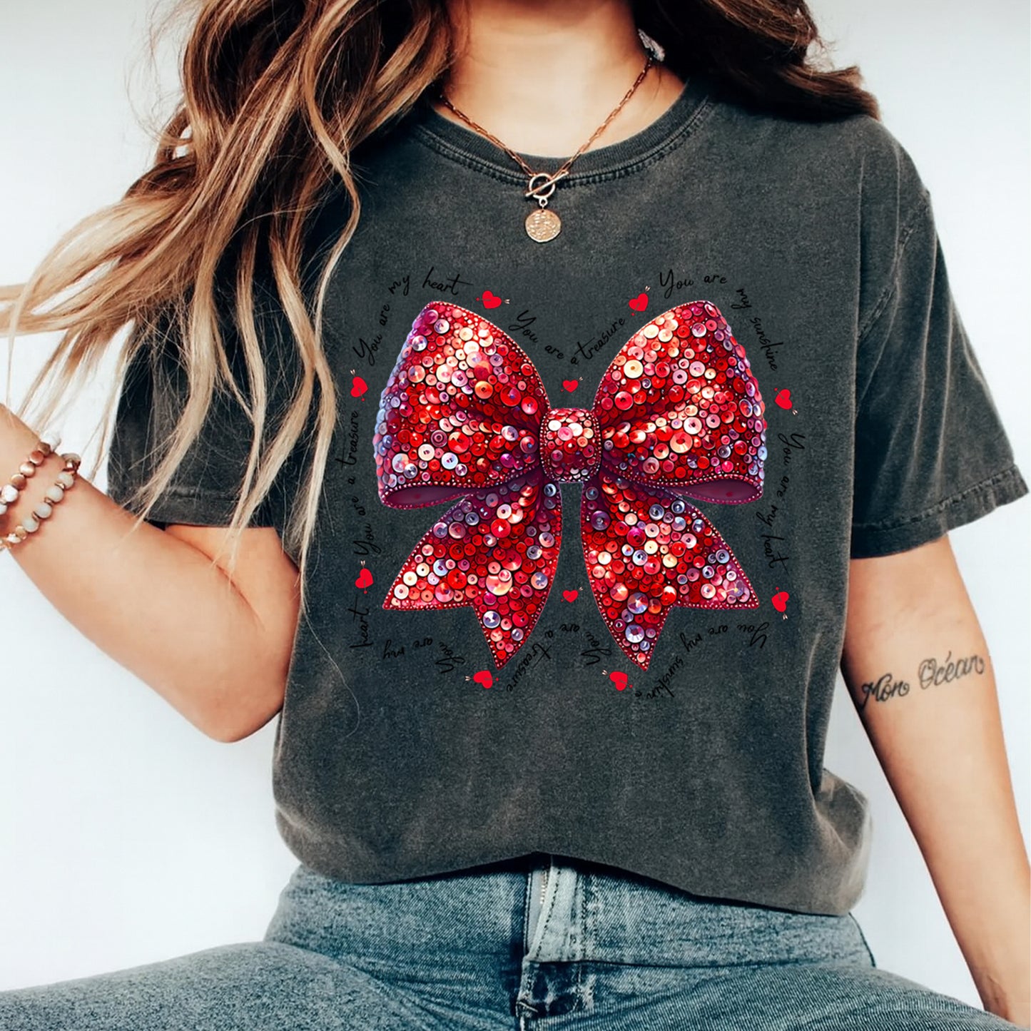 Valentines DTF Transfer – Sequin Heart Bow Love Message Ready to Press Iron On Heat Transfer DIY Valentines Shirts 12669