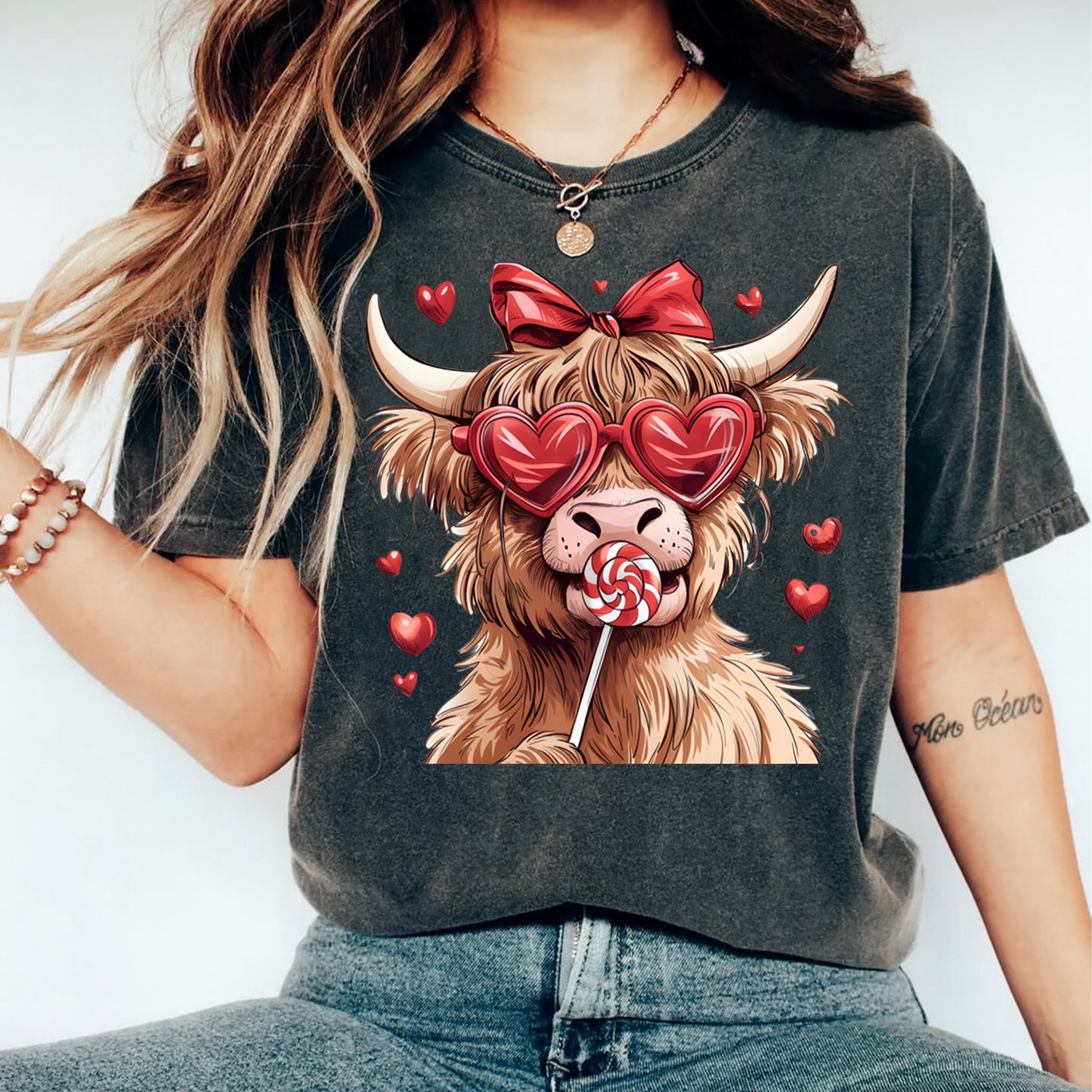 Valentines DTF Transfer – Heart Sunglasses Highland Cow Ready to Press Iron On Heat Transfer DIY Valentines Shirts 12671