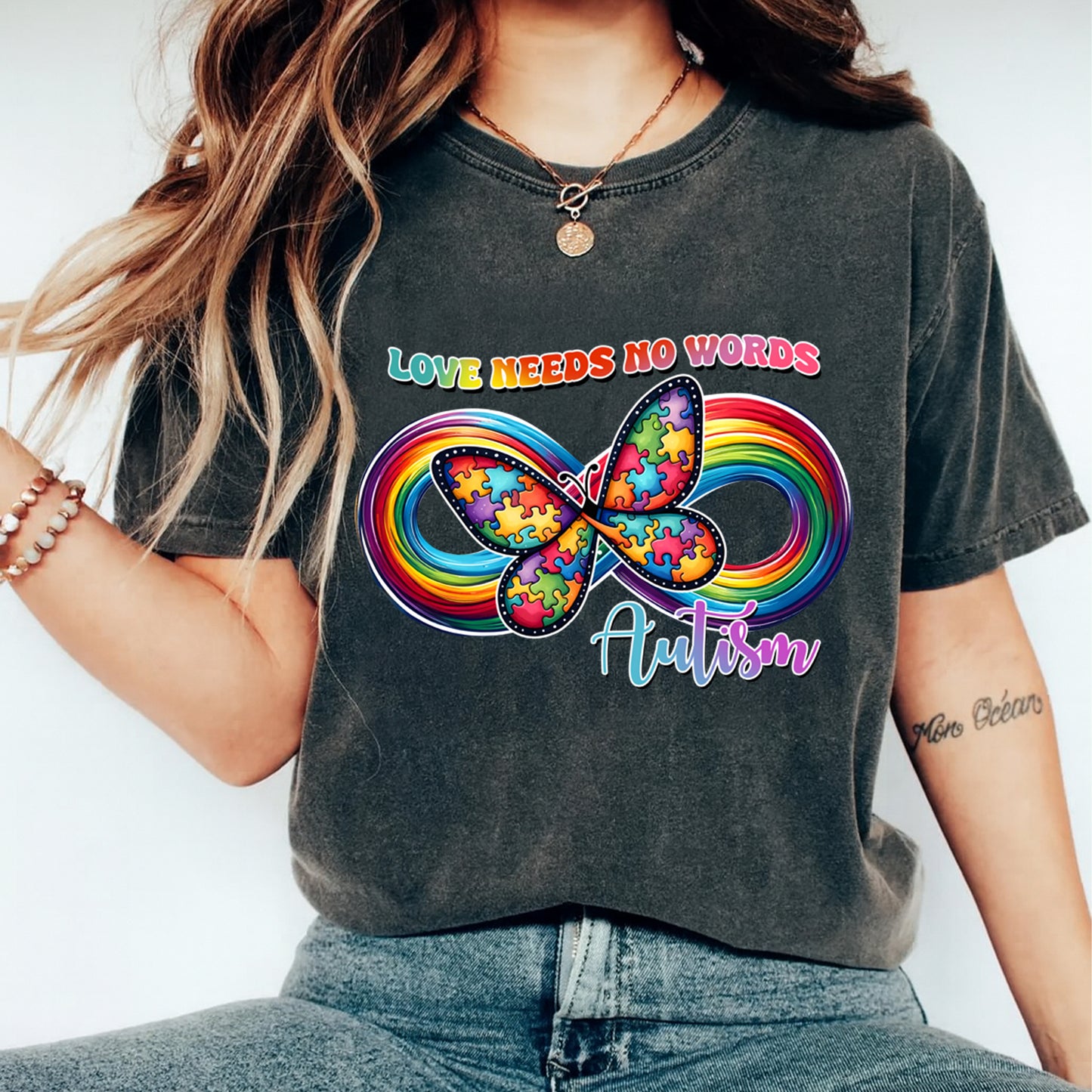 Autism DTF Transfer – Love Needs No Words Rainbow Infinity Butterfly Ready to Press Iron On Heat Transfer DIY Autism Shirts 12683