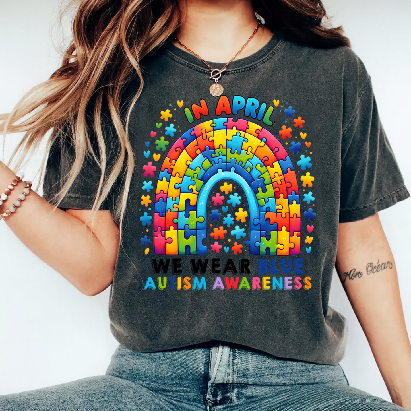 Autism Awareness DTF Transfer – In April We Wear Blue Rainbow Puzzle Ready to Press Iron On Heat Transfer DIY Autism Shirts 12684
