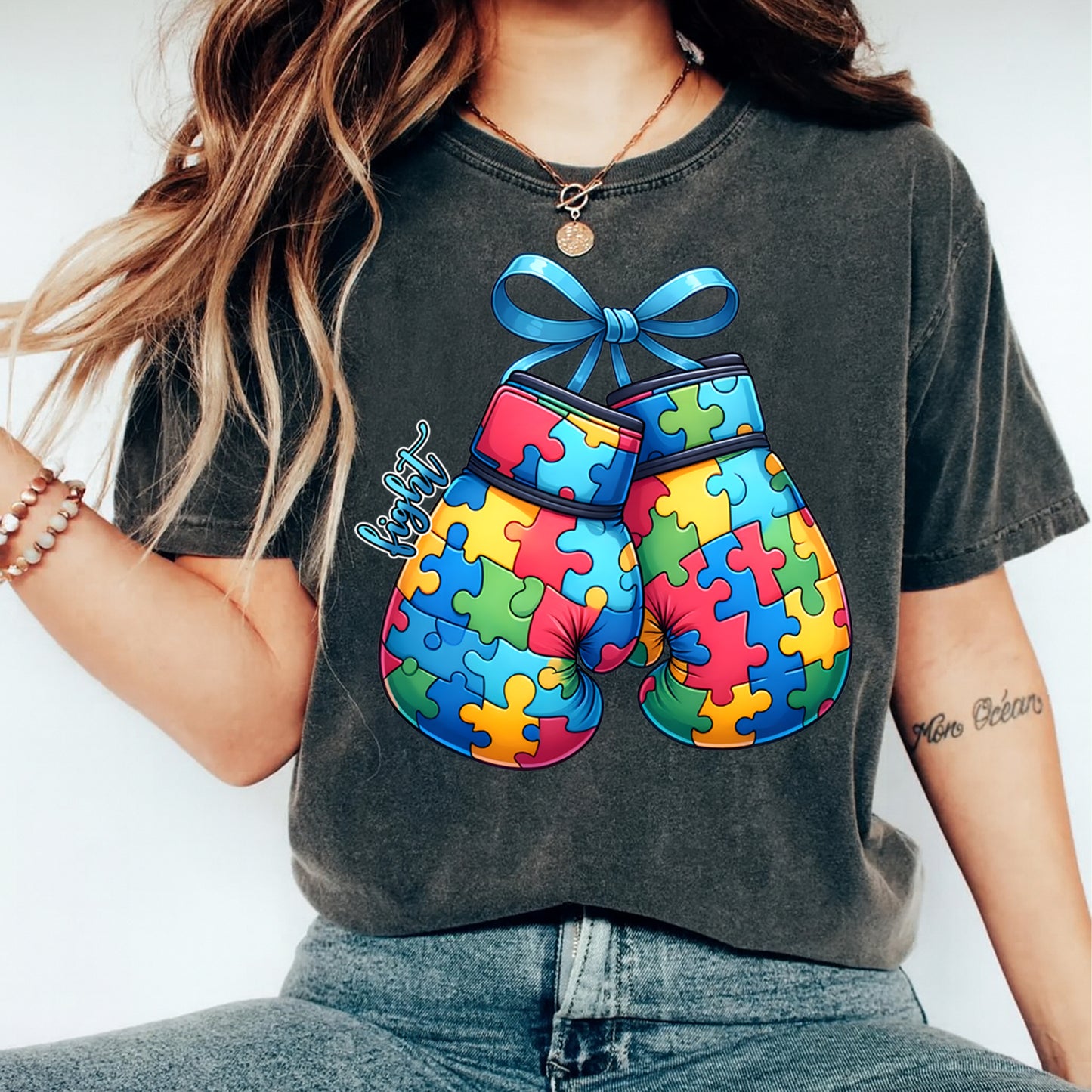 Autism DTF Transfer – Fight Puzzle Boxing Gloves Ready to Press Iron On Heat Transfer DIY Autism Shirts 12685