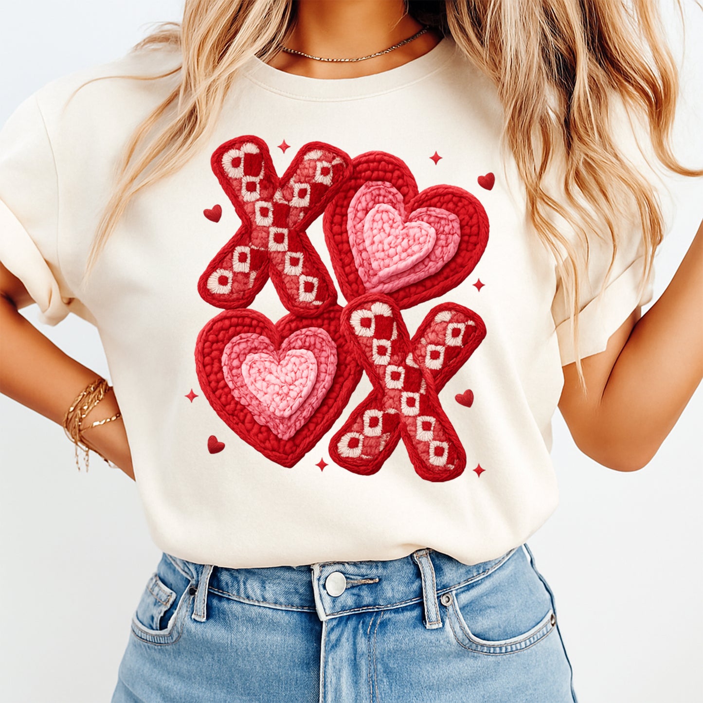women wearing white t shirt Valentine xoxo hearts ready to press dtf iron on heat transfer with crocheted heart texture for diy valentine shirts
