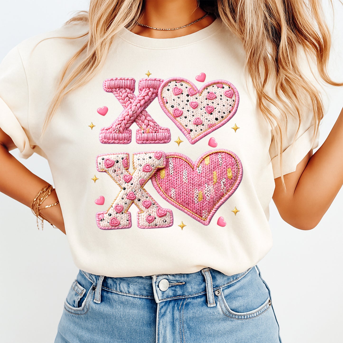 women wearing a t shirt with xoxo design