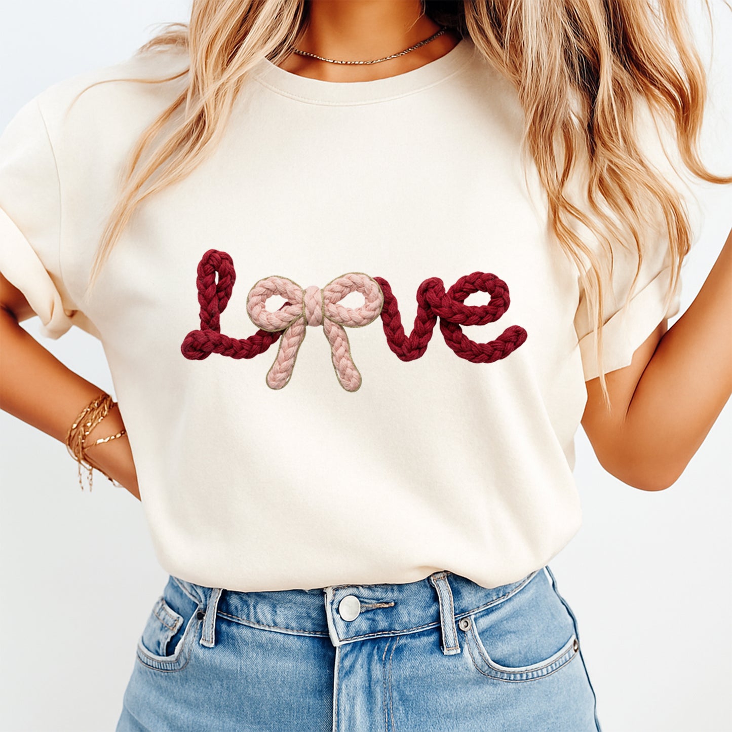 women wearing tshirt with Knit rope style Love lettering with blush bow detail, ready to press dtf iron on heat transfer for DIY Valentine apparel