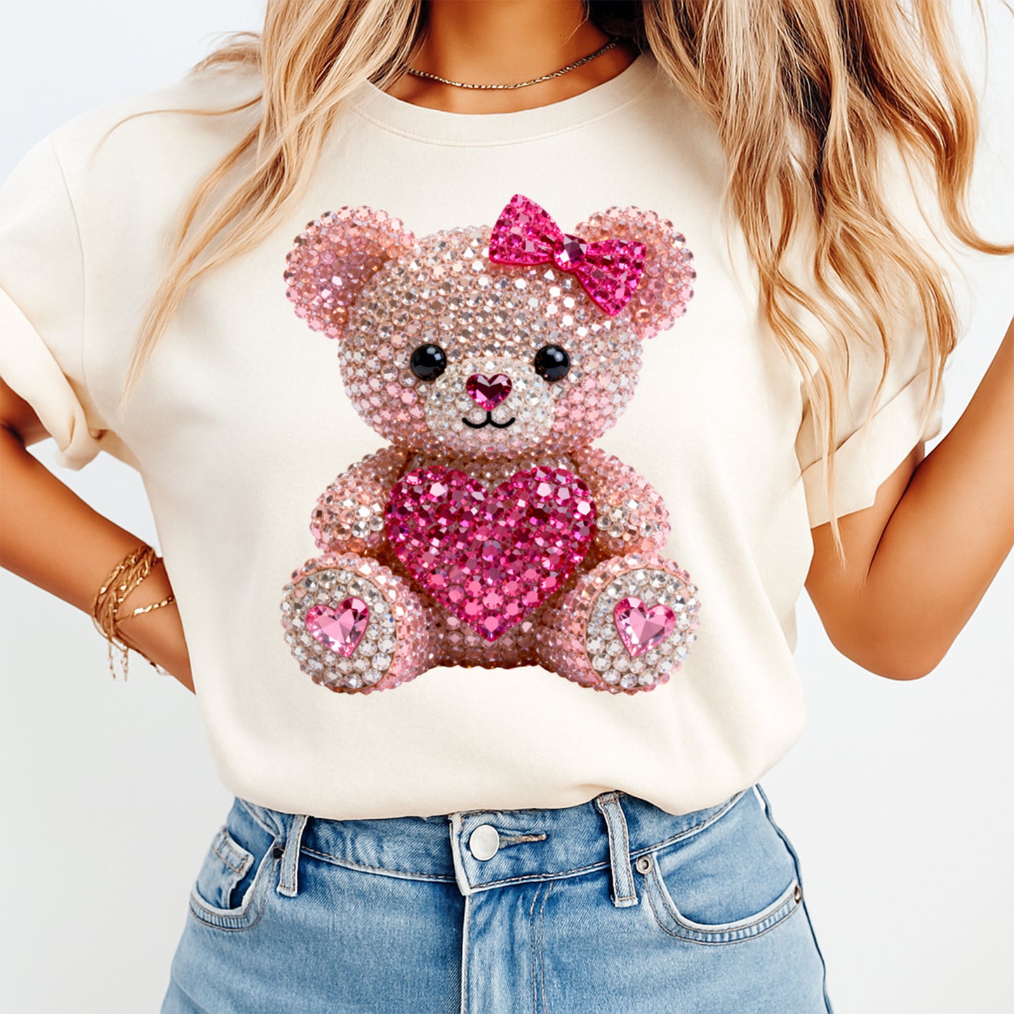 women wearing t shirt with Rhinestone teddy bear holding a heart with pink crystal details, ready to press dtf iron on heat transfer for DIY Valentine shirts