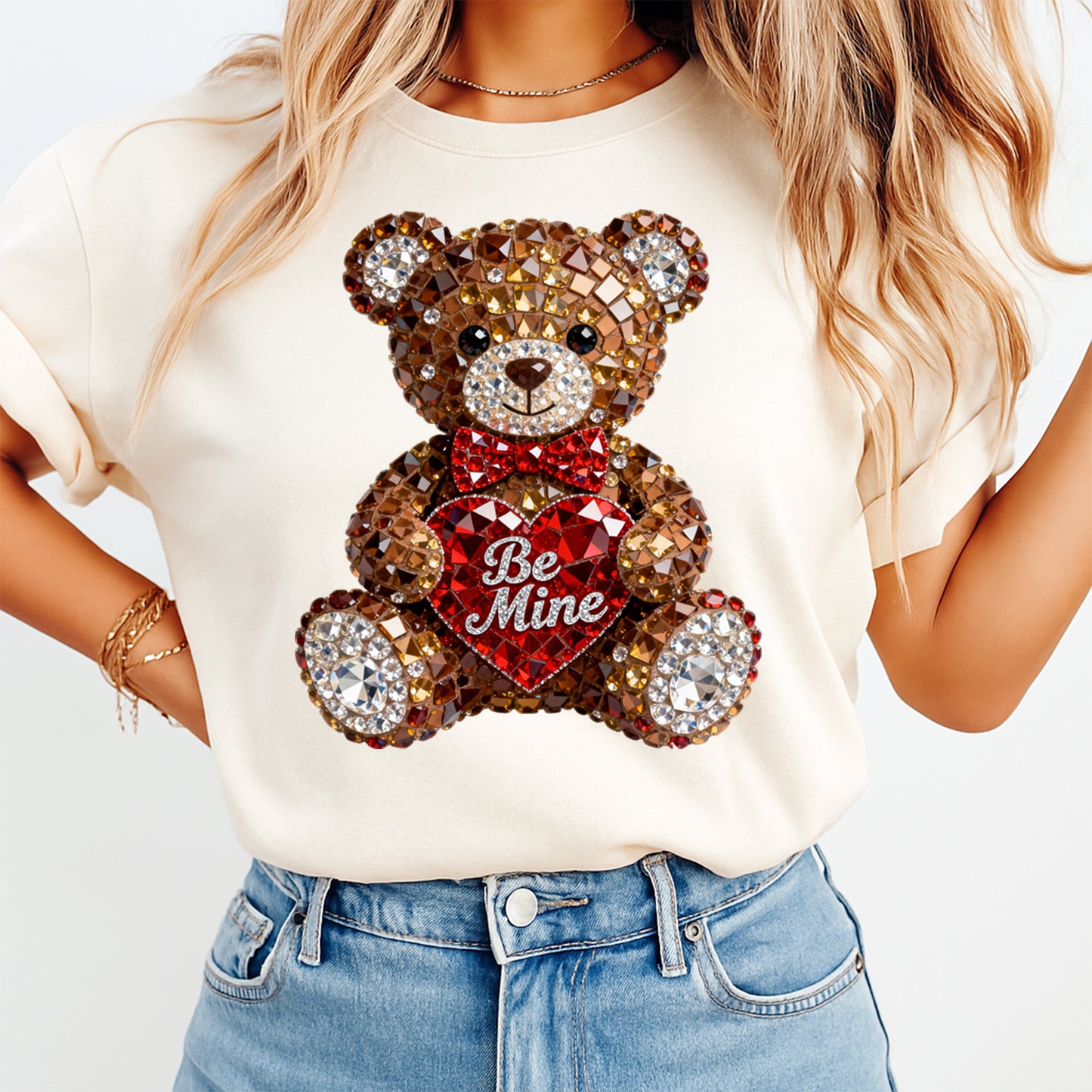 women wearing tshirt with Rhinestone teddy bear holding red heart with Be Mine text