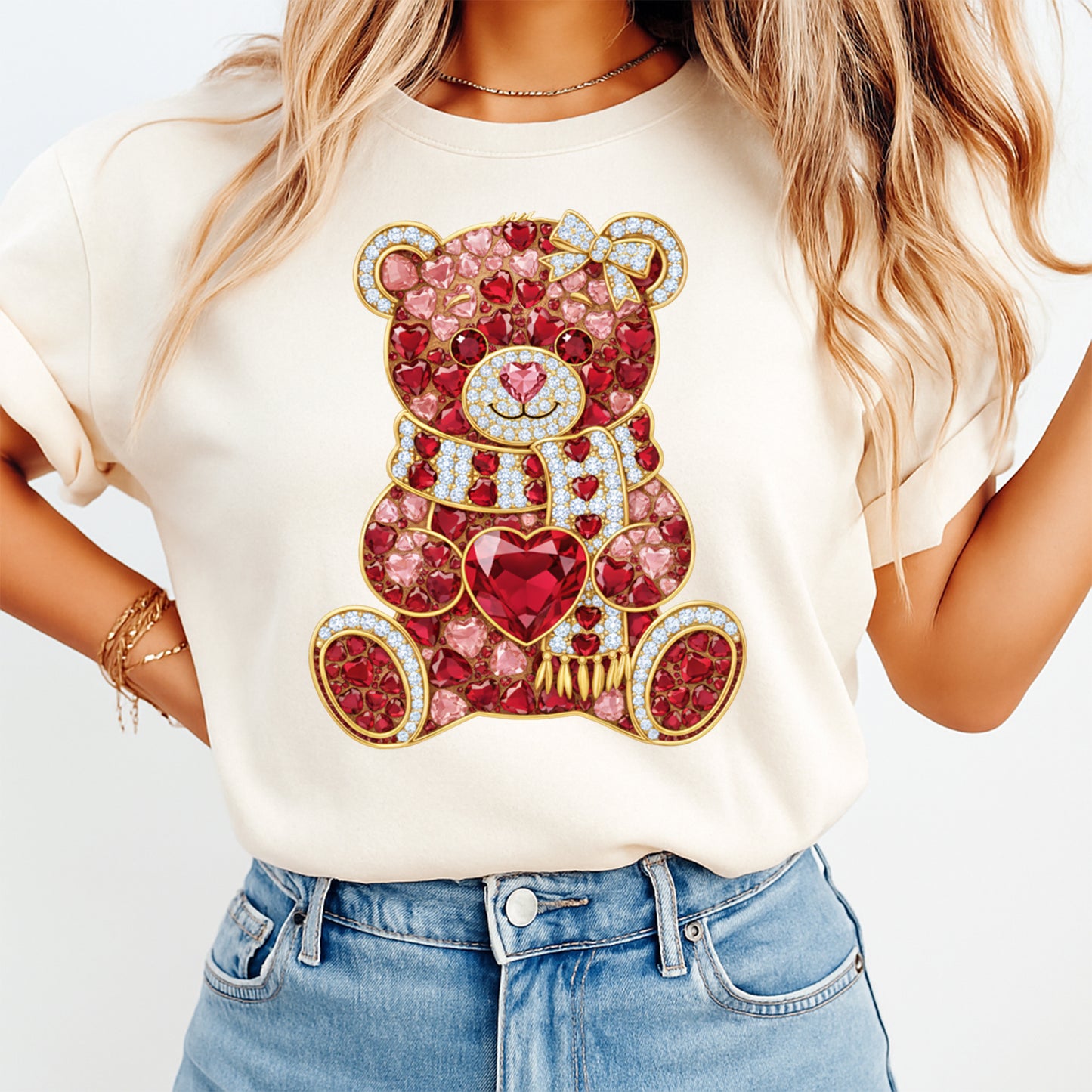 women wearing shirt with heart teddy bear rhinestone style design