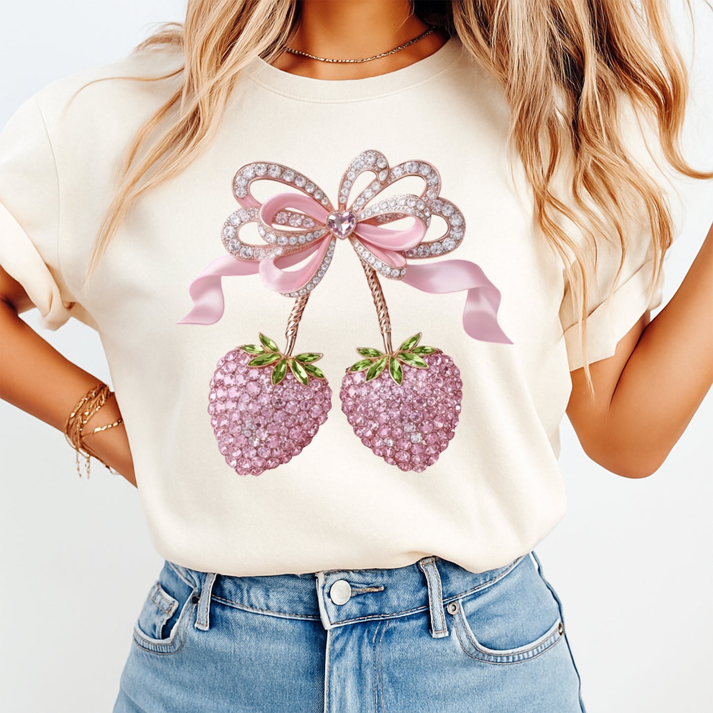 Valentine DTF Transfer – Pink Bow Strawberry Rhinestone Style Ready to Press Iron on Heat Transfer DIY Valentine Shirts 12738