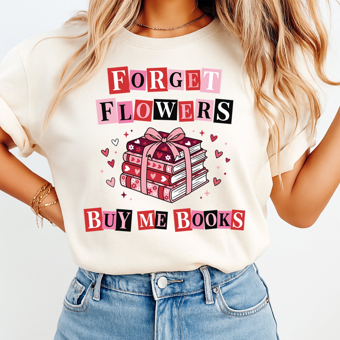 women wearing shirt with forget flowers buy me books design