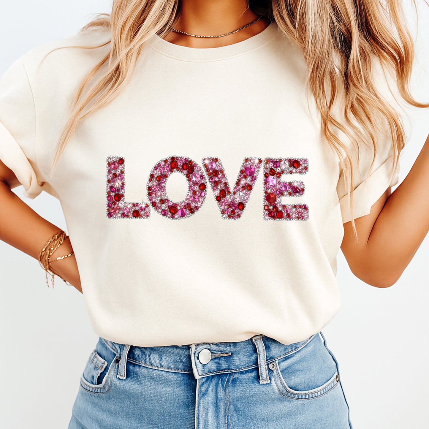 women wearing shirt with love rhinestone style design
