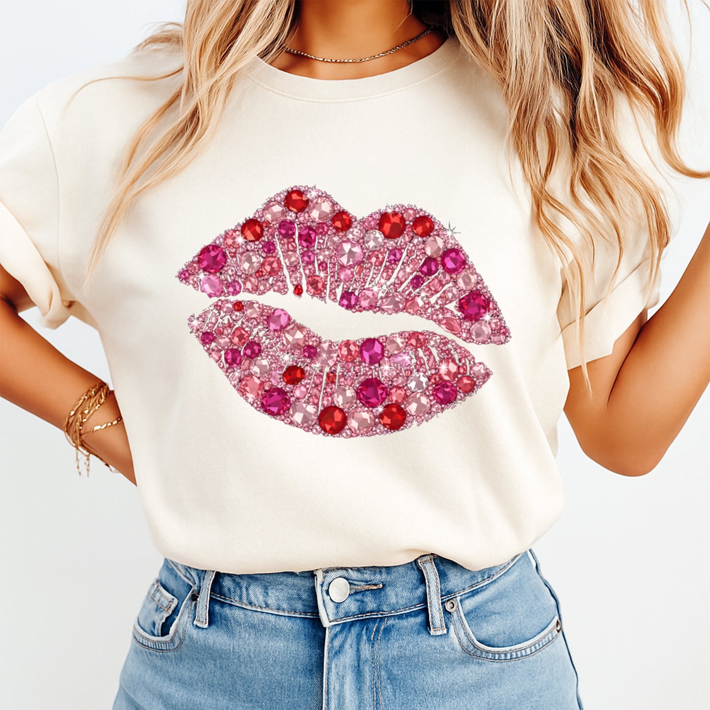 women wearing shirt with pink rhinestone lips design