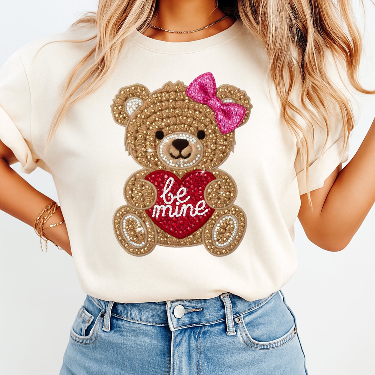 women wearing shirt with teddy bear be mine design