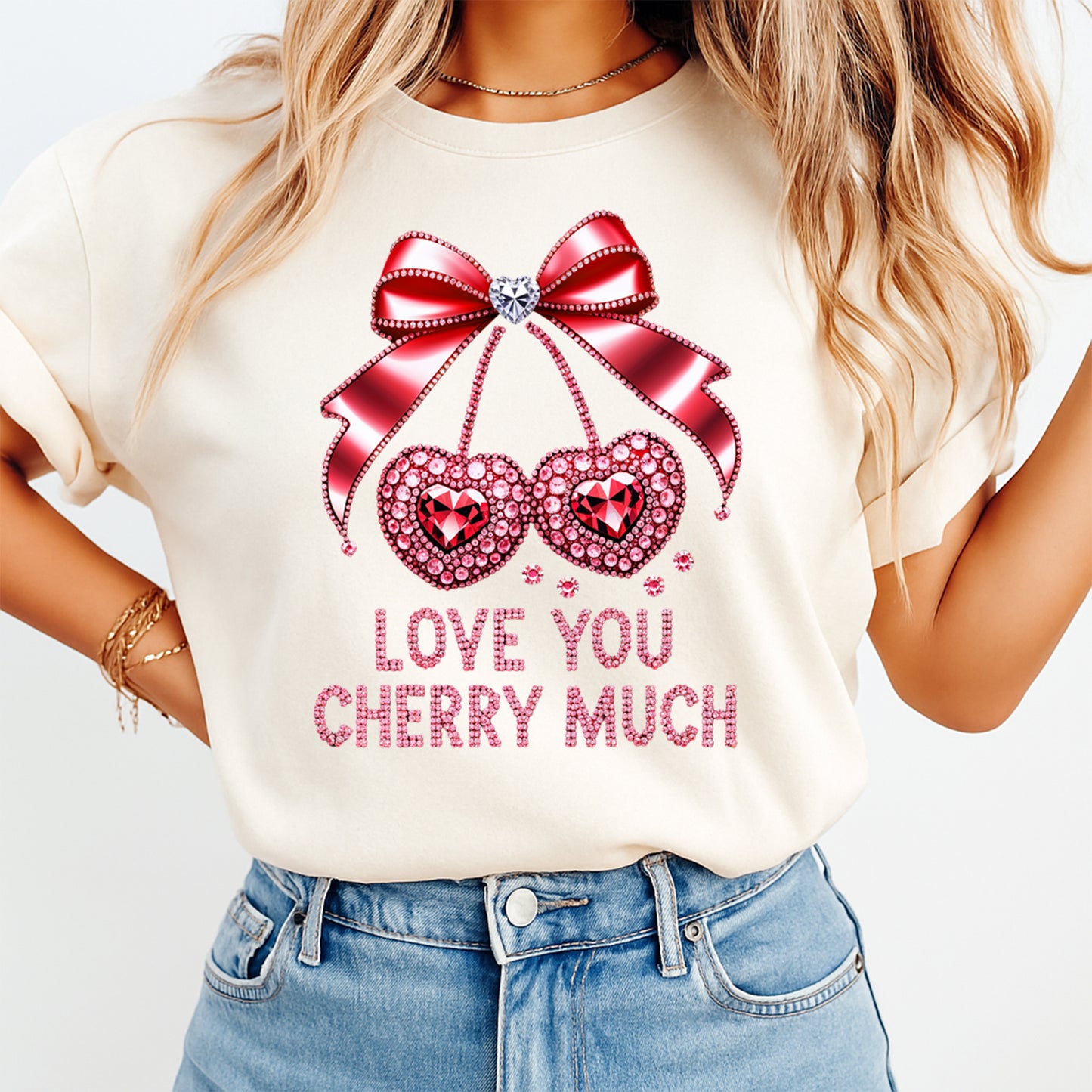 Valentine DTF Transfer – Love You Cherry Much Rhinestone Bow Ready to Press Iron on Heat Transfer DIY Valentine Shirts 12755
