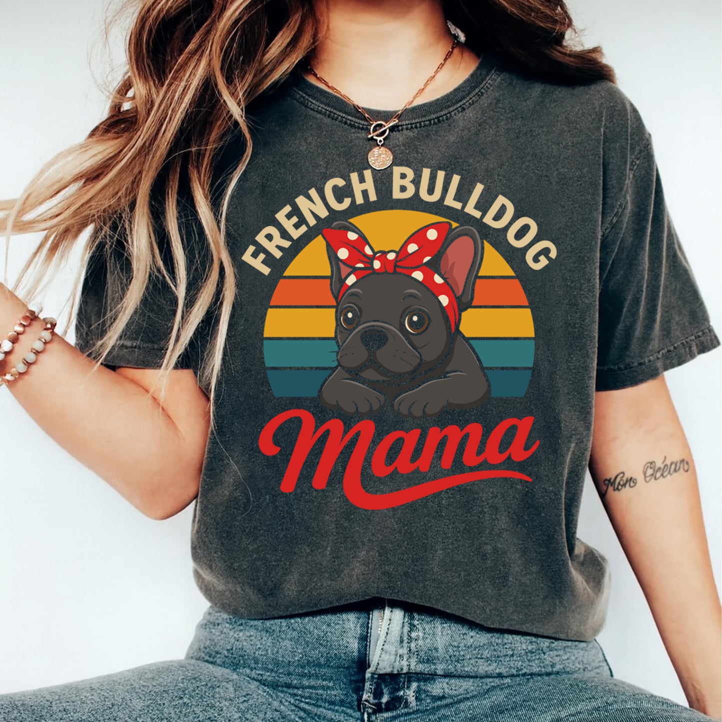 Person wearing a t-shirt with a French Bulldog graphic and 'French Bulldog Mama' text.